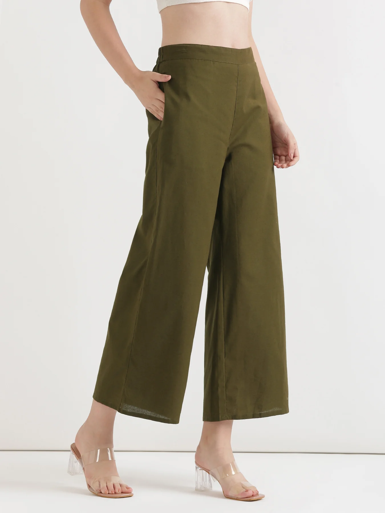 Women Olive Green Airy Linen Wide Leg Pant - Image 7