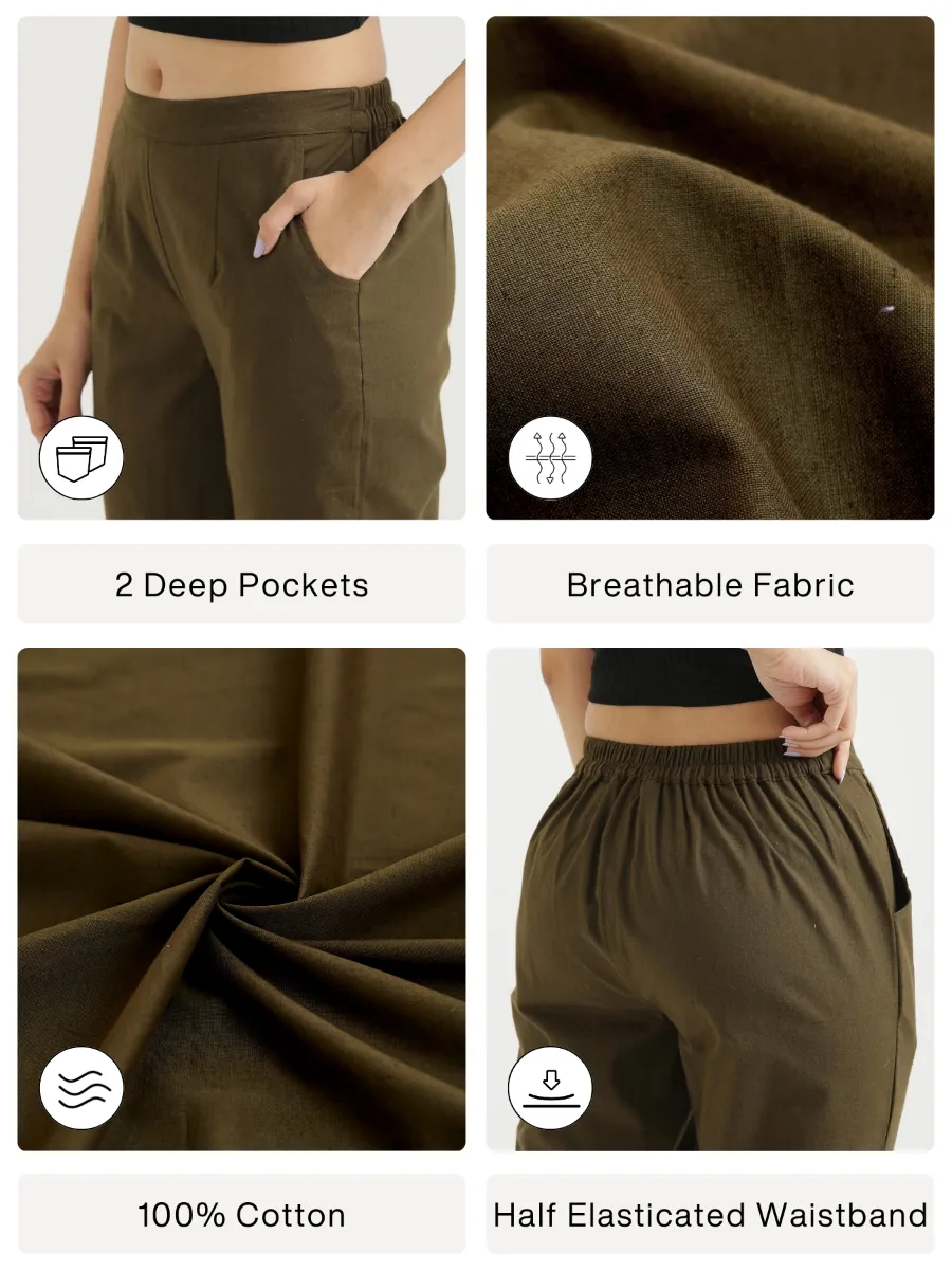 Women Olive Green Cotton Pant - Image 2