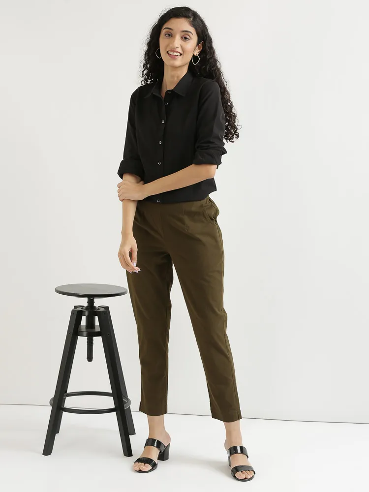 Women Olive Green Cotton Pant - Image 3