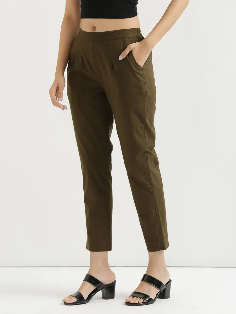 Women Olive Green Cotton Pant - Image 4