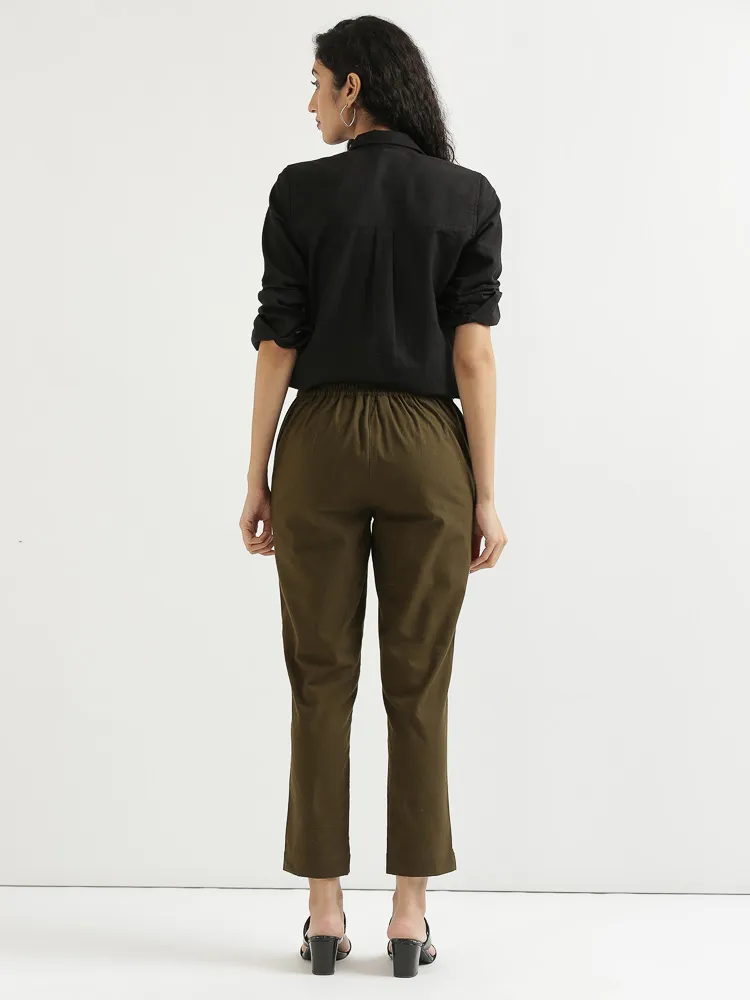 Women Olive Green Cotton Pant - Image 5