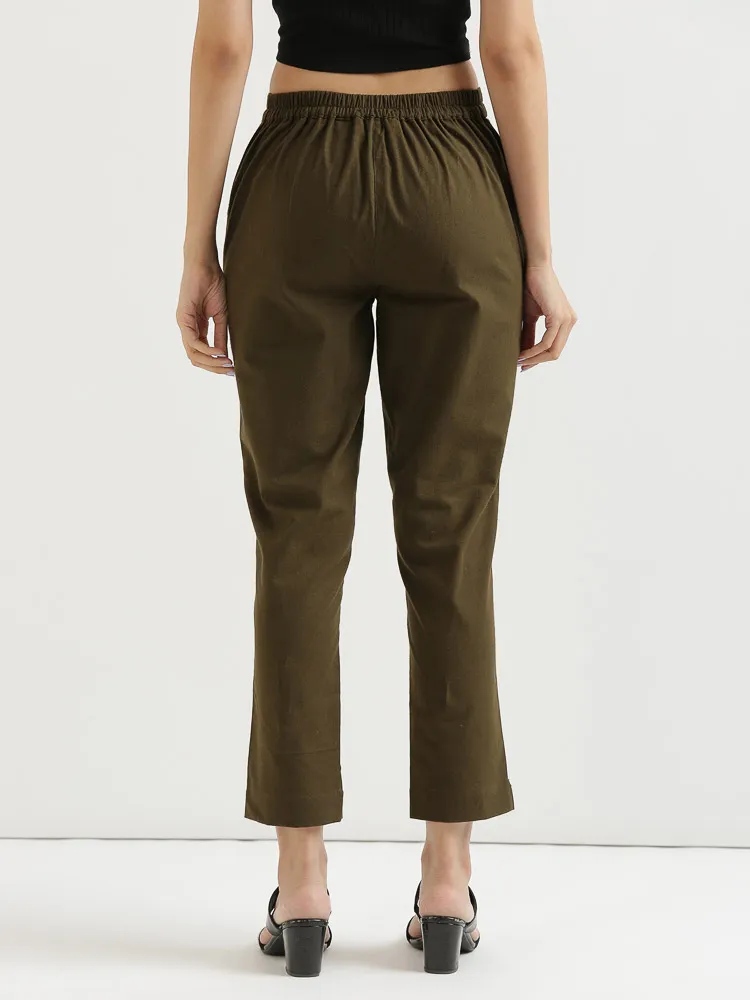 Women Olive Green Cotton Pant - Image 6