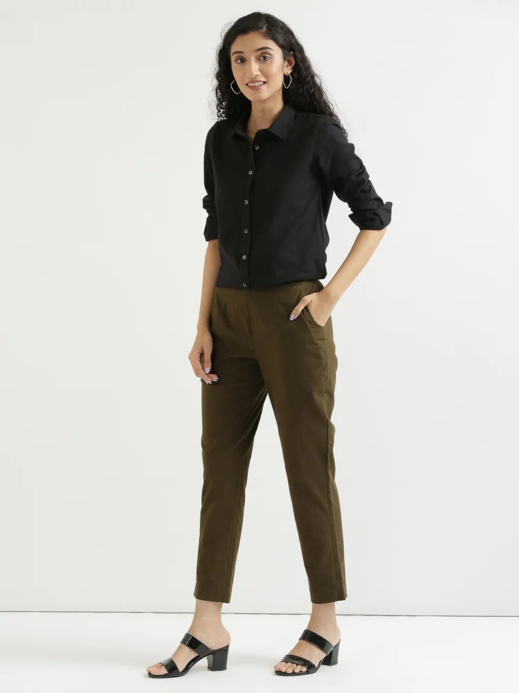 Women Olive Green Cotton Pant - Image 7