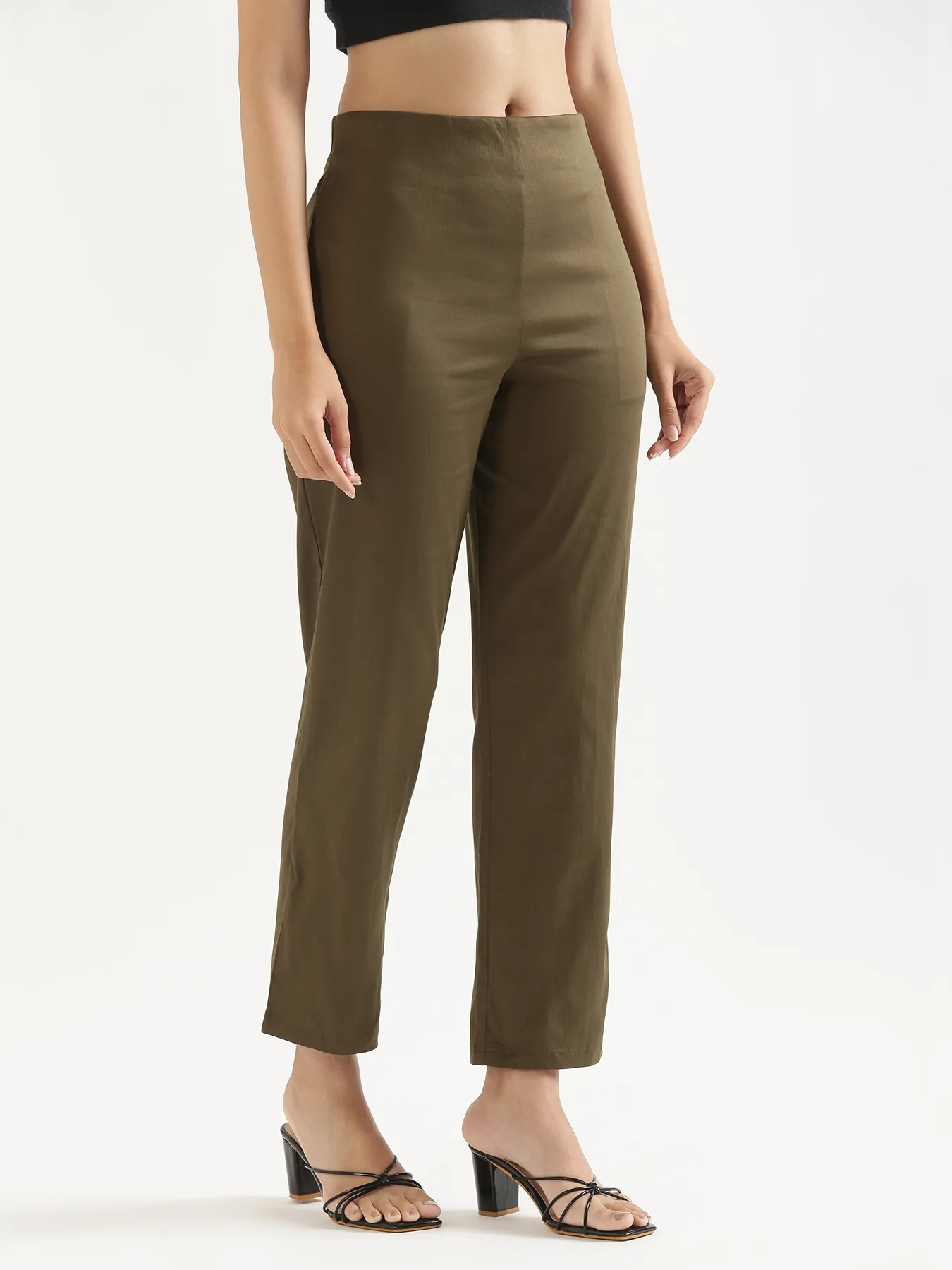 Women Olive Green Straight Fit Formal Pants - Image 3