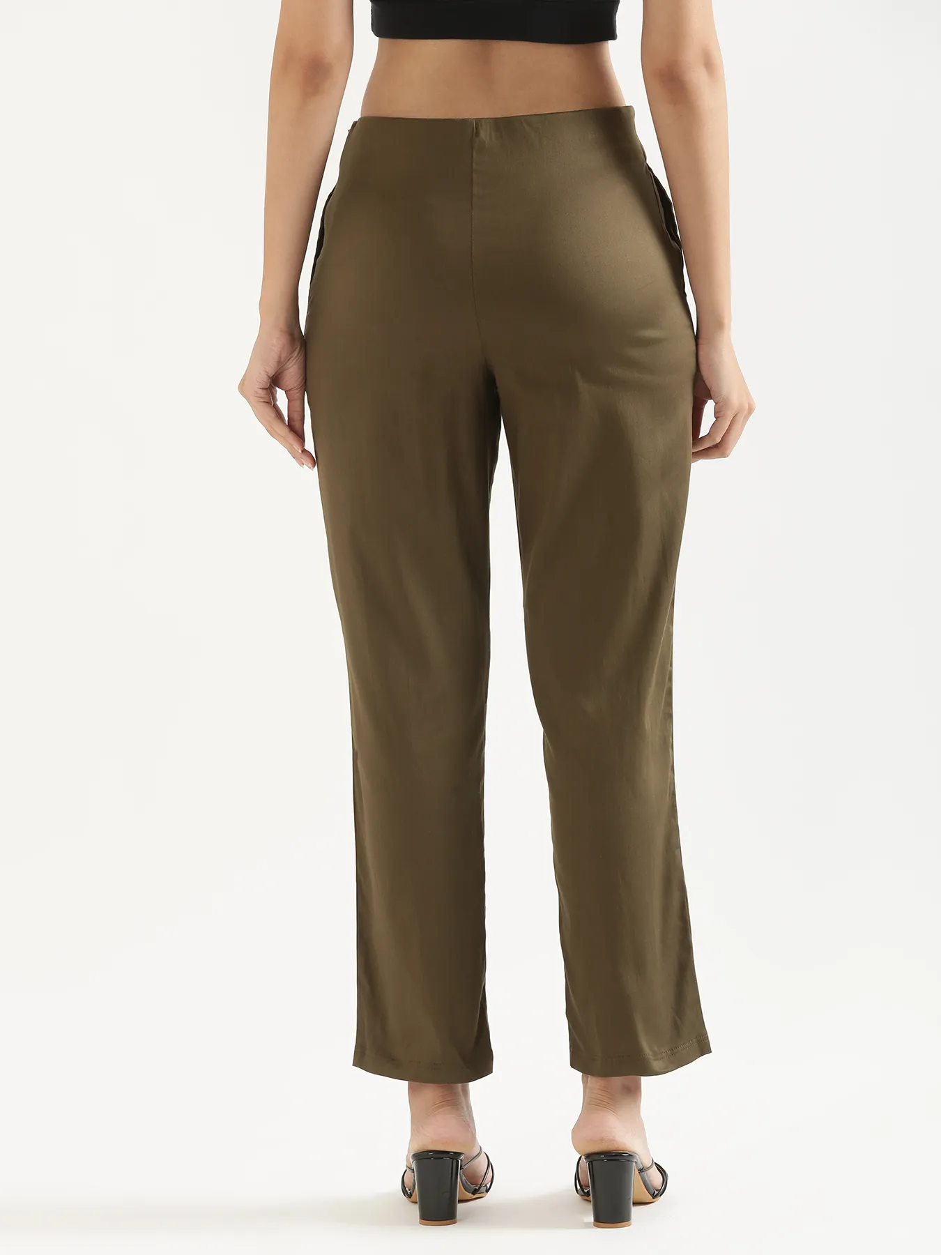 Women Olive Green Straight Fit Formal Pants - Image 4