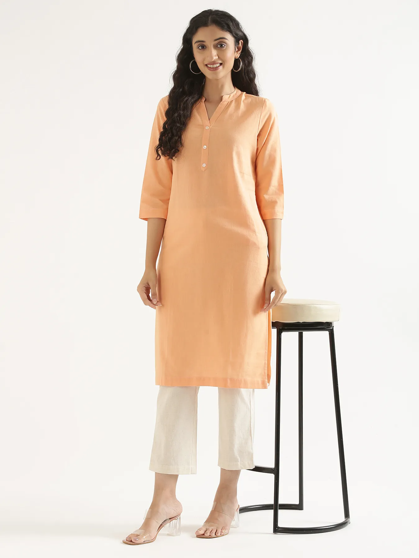 Women Peach Airy Linen Long Kurta - Image 10