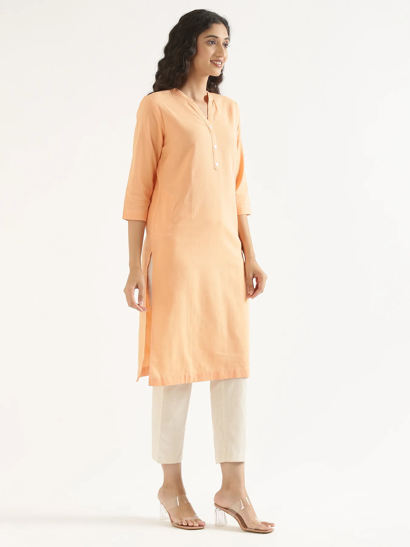 Women Peach Airy Linen Long Kurta - Image 7