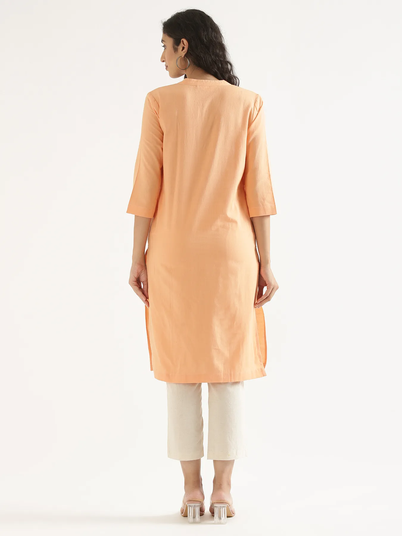 Women Peach Airy Linen Long Kurta - Image 8