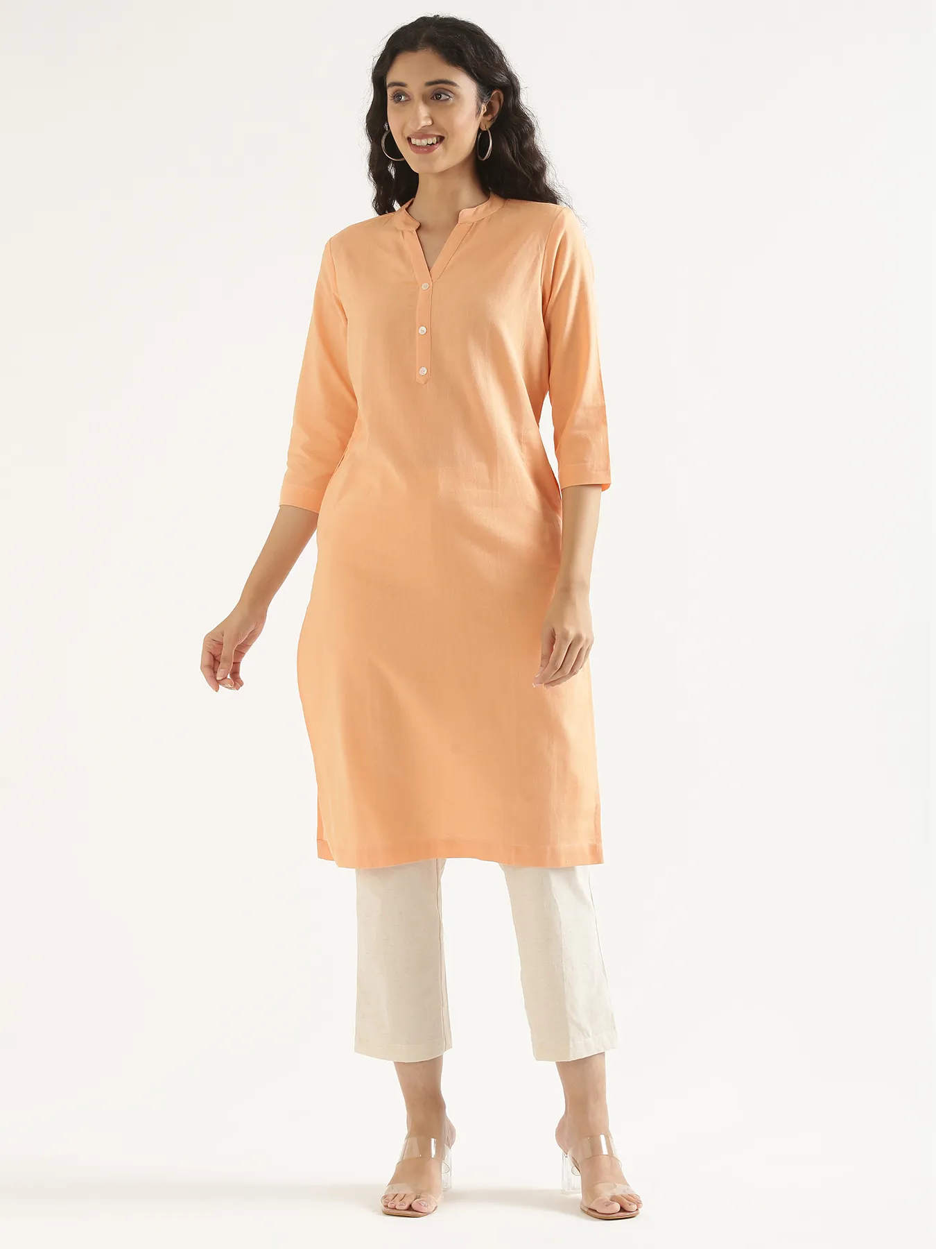Women Peach Airy Linen Long Kurta - Image 9