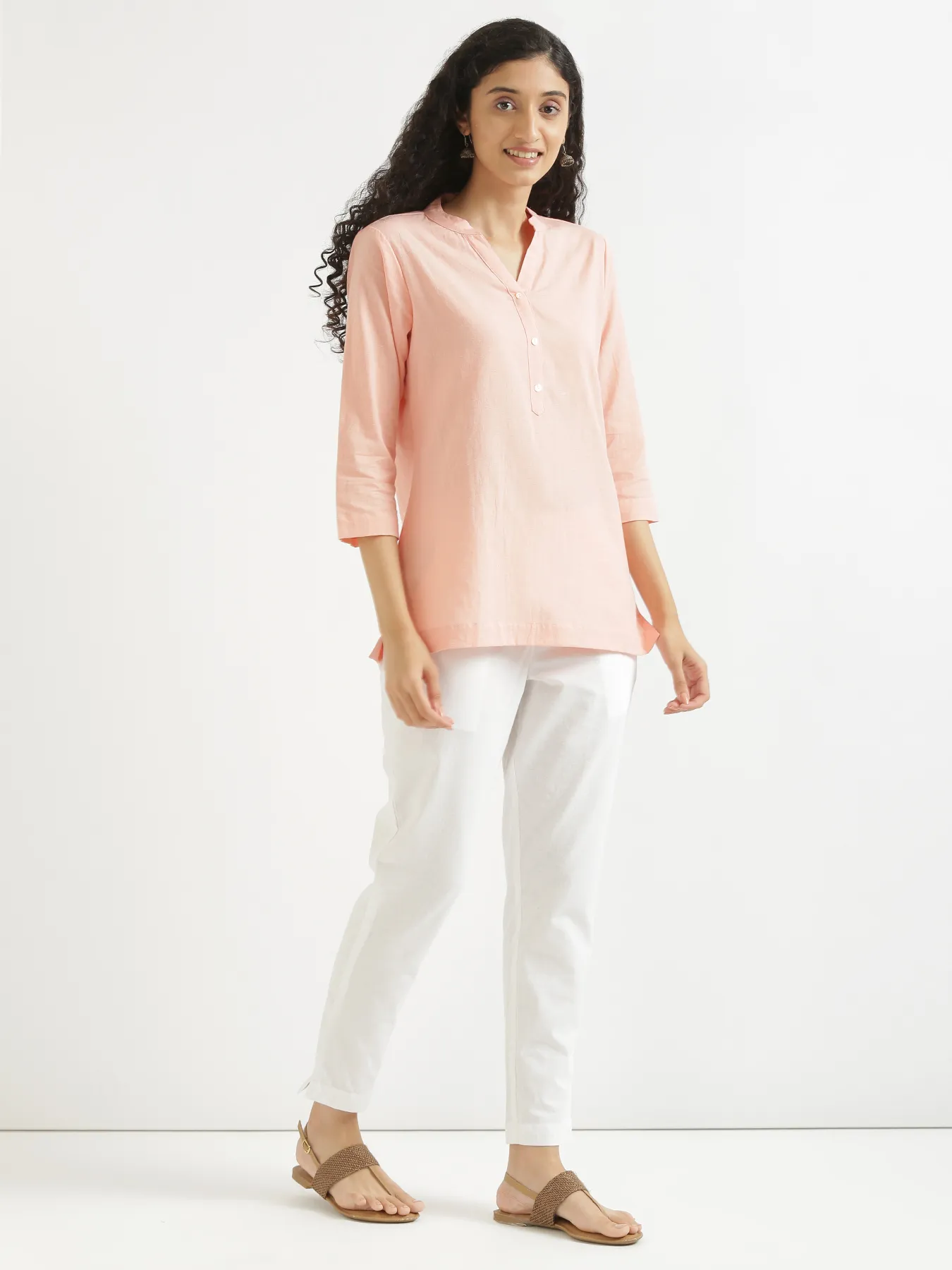 Women Peach Airy Linen Short Kurta - Image 6