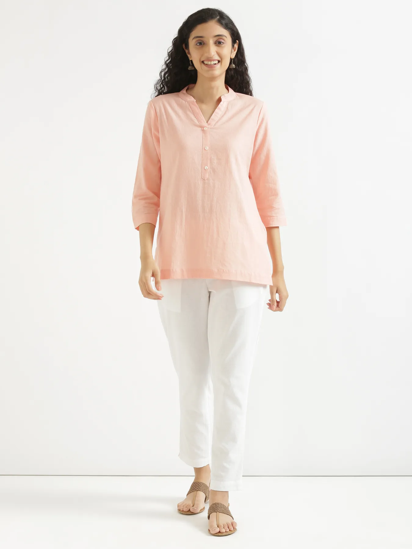 Women Peach Airy Linen Short Kurta - Image 7
