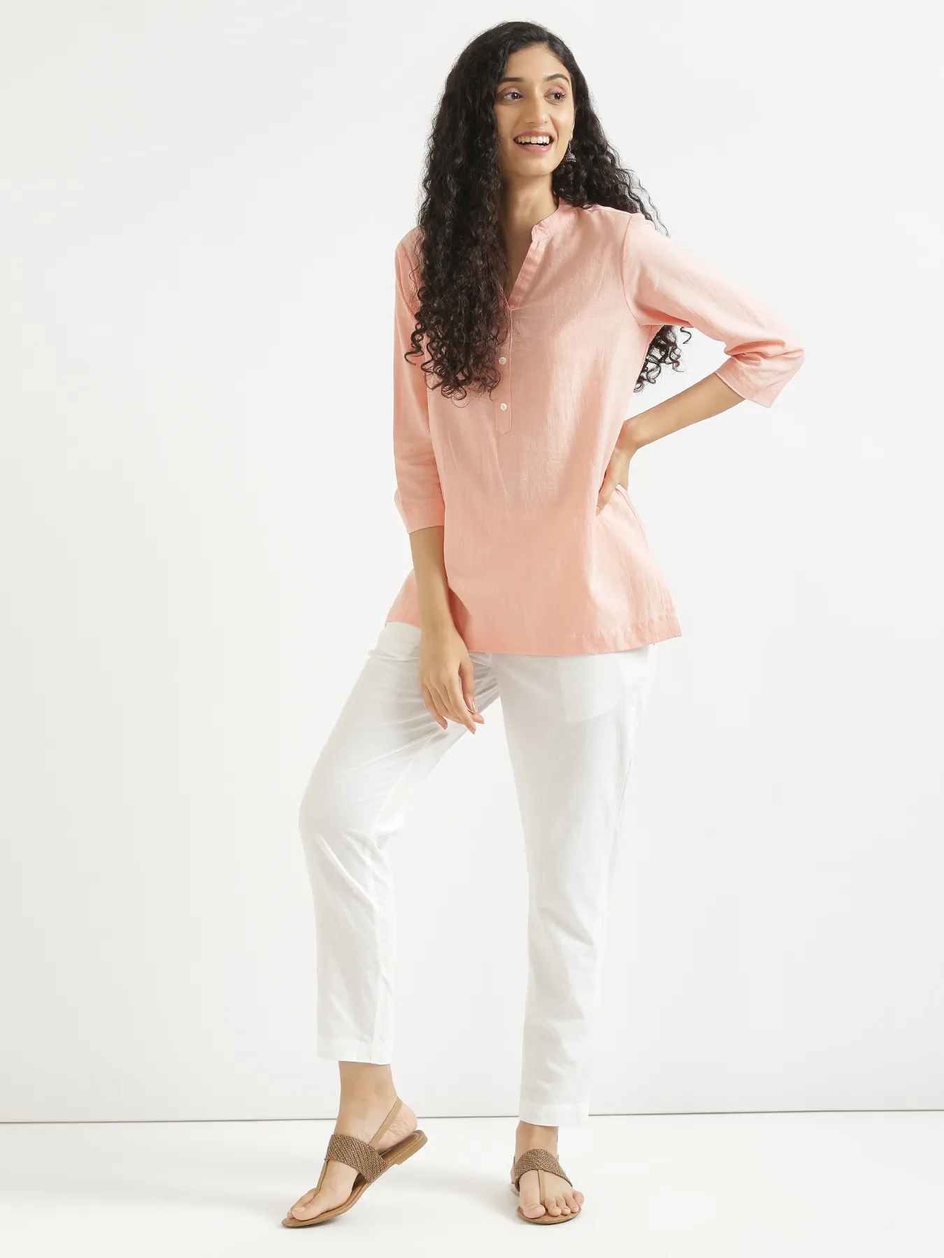 Women Peach Airy Linen Short Kurta - Image 8