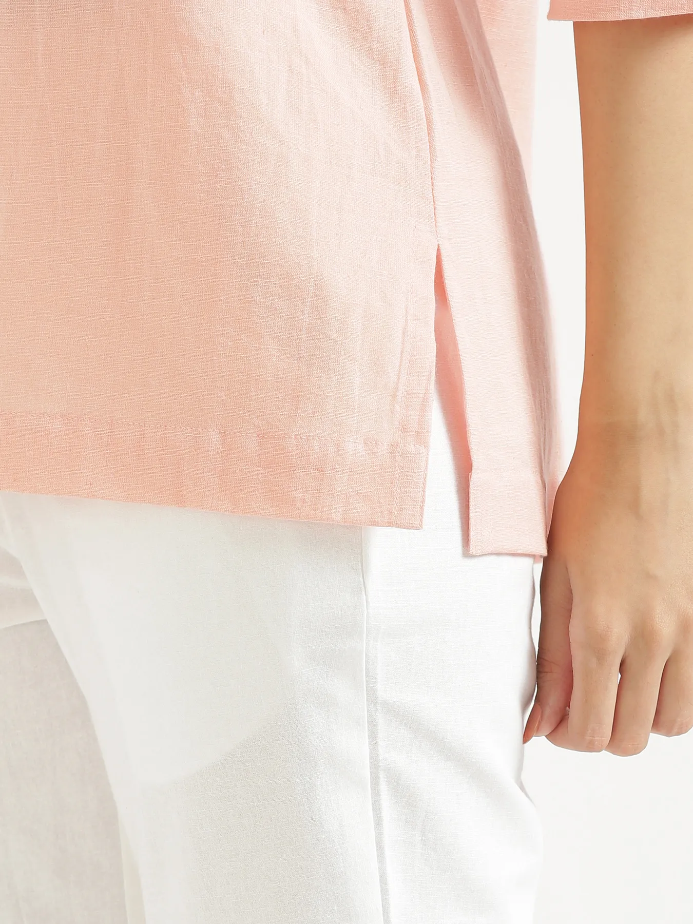 Women Peach Airy Linen Short Kurta - Image 9