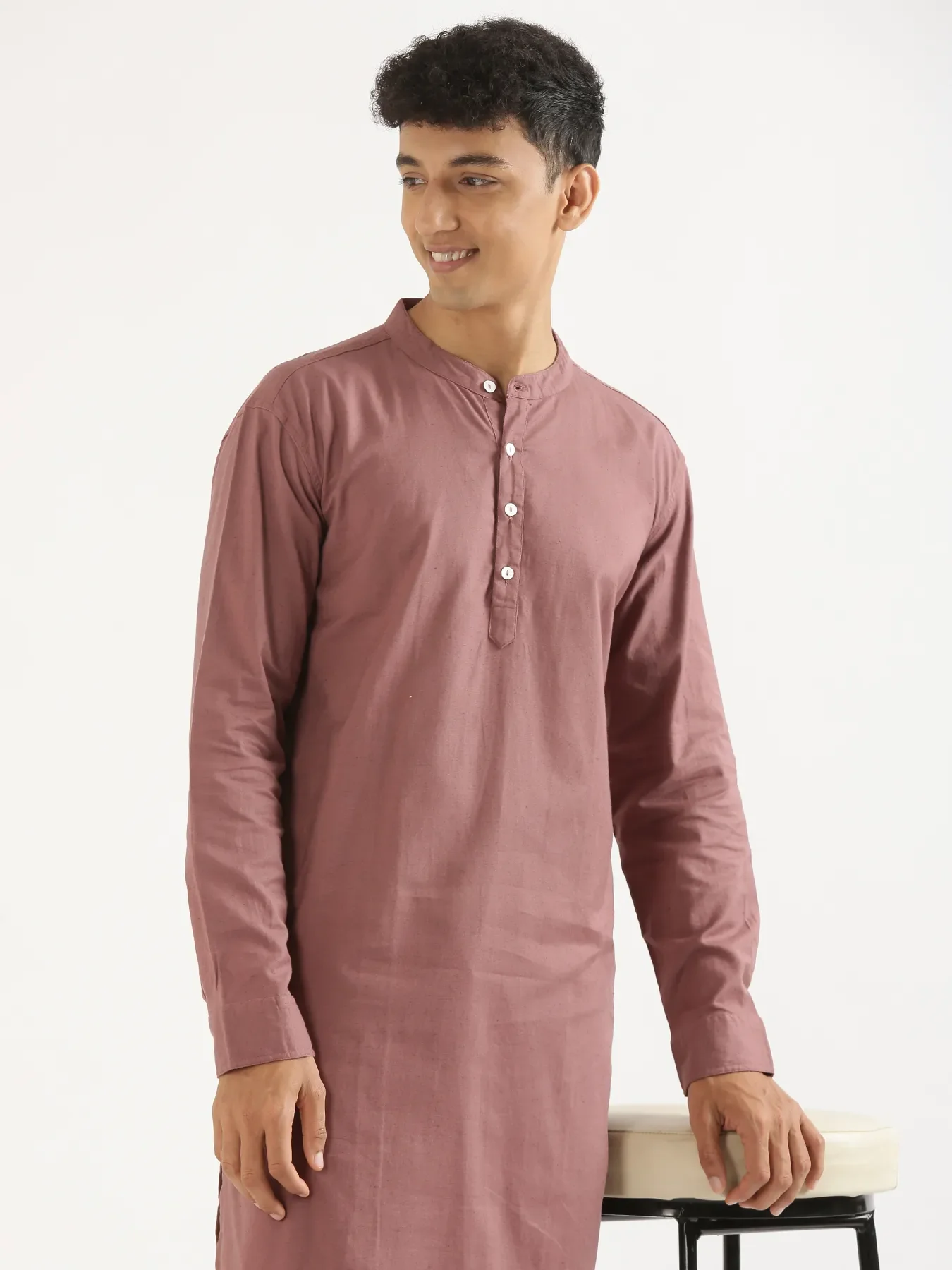 Men Rose Taupe Airy Linen Long Kurta - Image 5