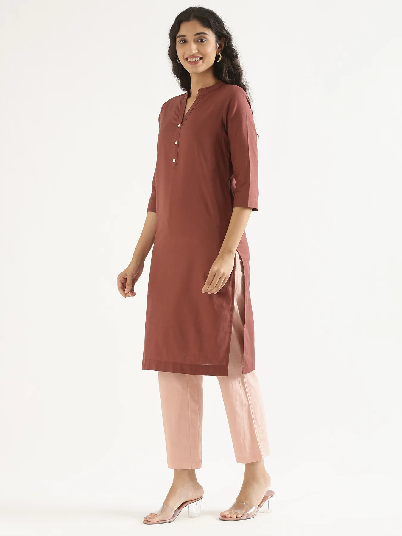 Women Rose Taupe Airy Linen Long Kurta - Image 2