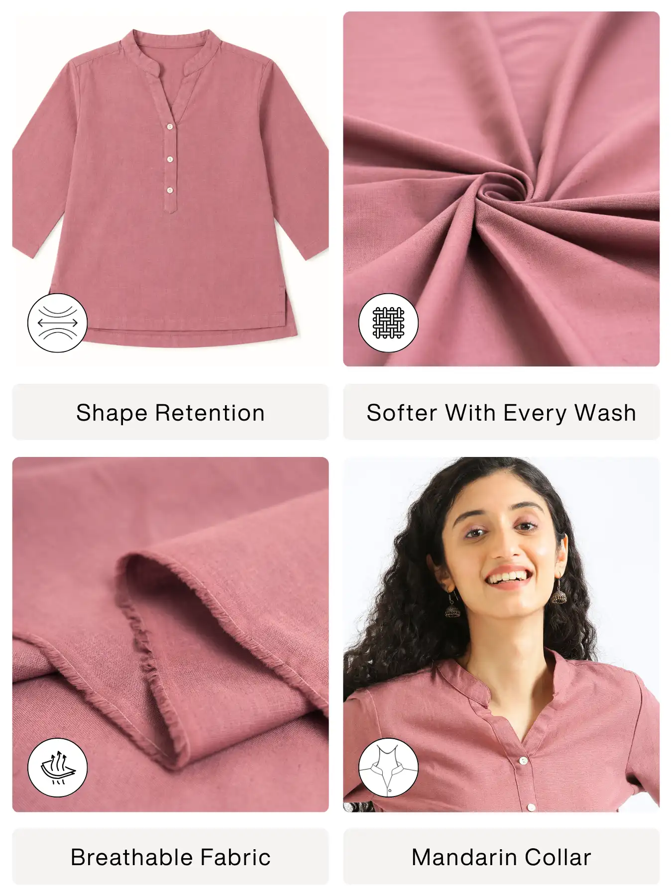 Women Rose Taupe Airy Linen Short Kurta - Image 2