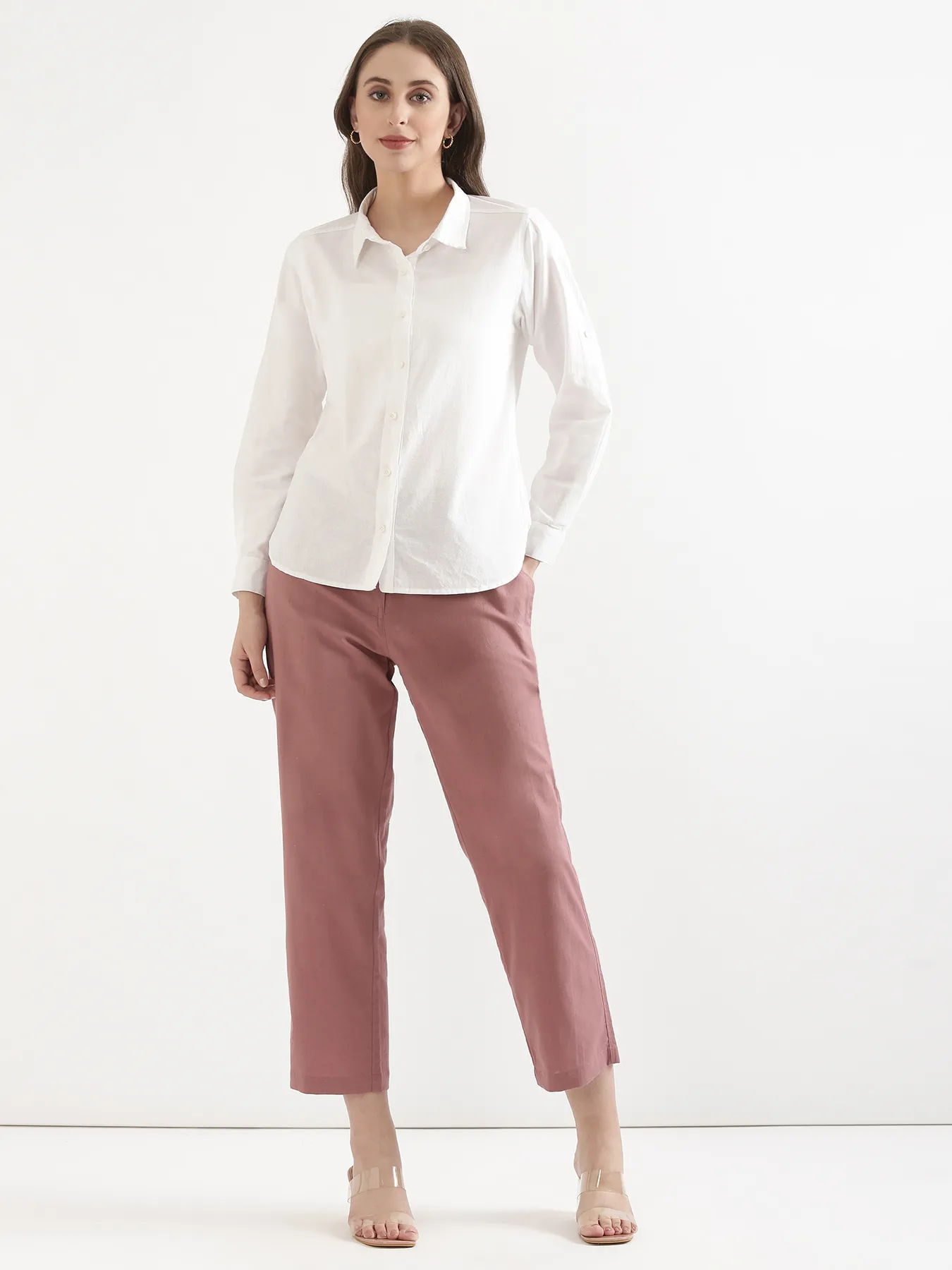 Women Rose Taupe Airy Linen Straight Pants - Image 3