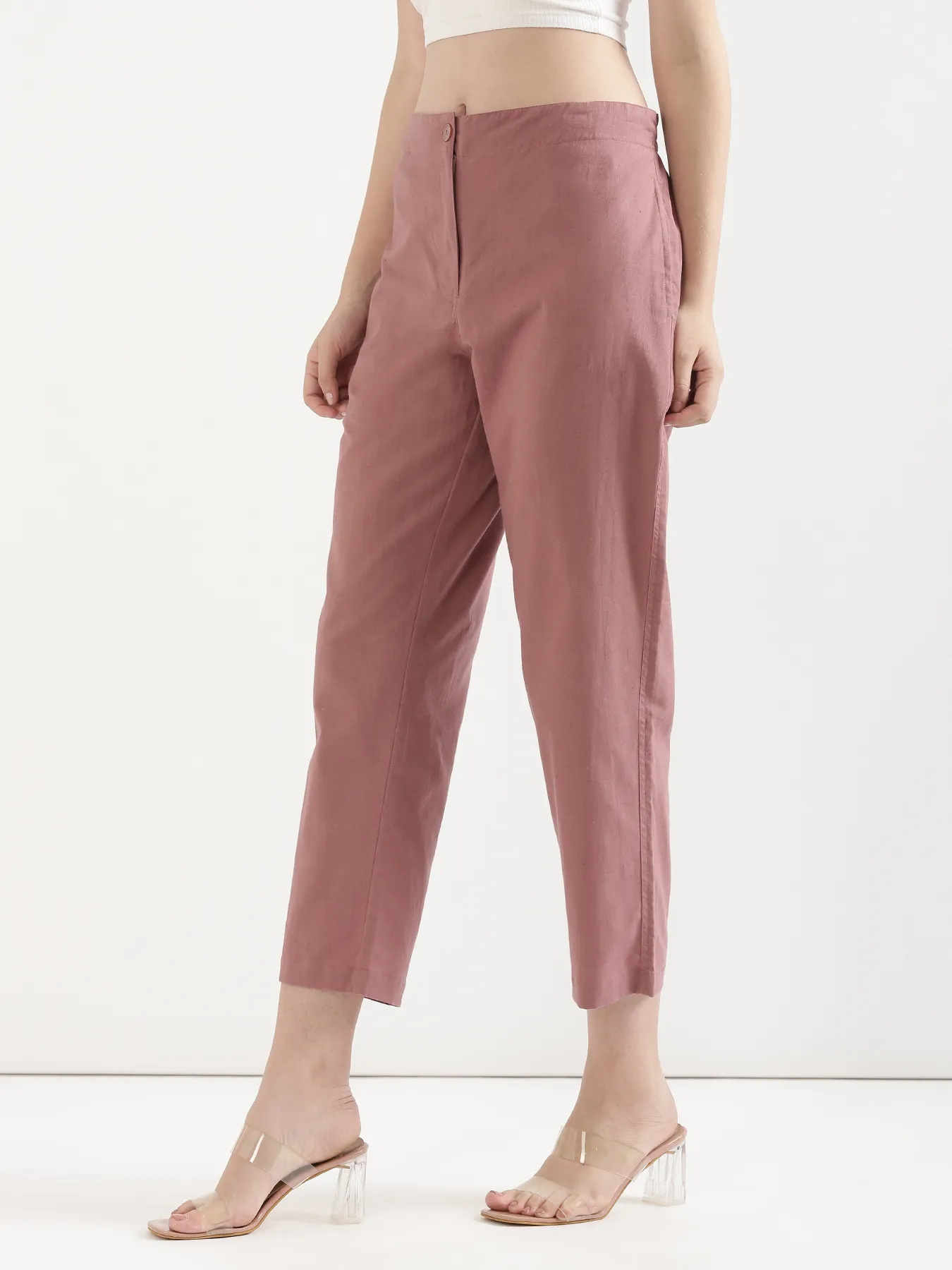 Women Rose Taupe Airy Linen Straight Pants - Image 5