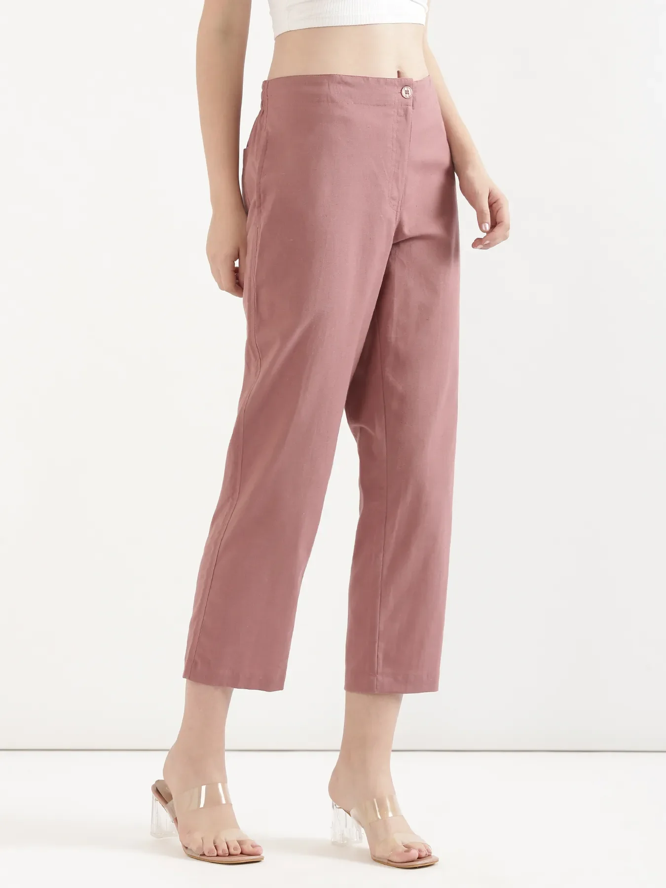 Women Rose Taupe Airy Linen Straight Pants - Image 6