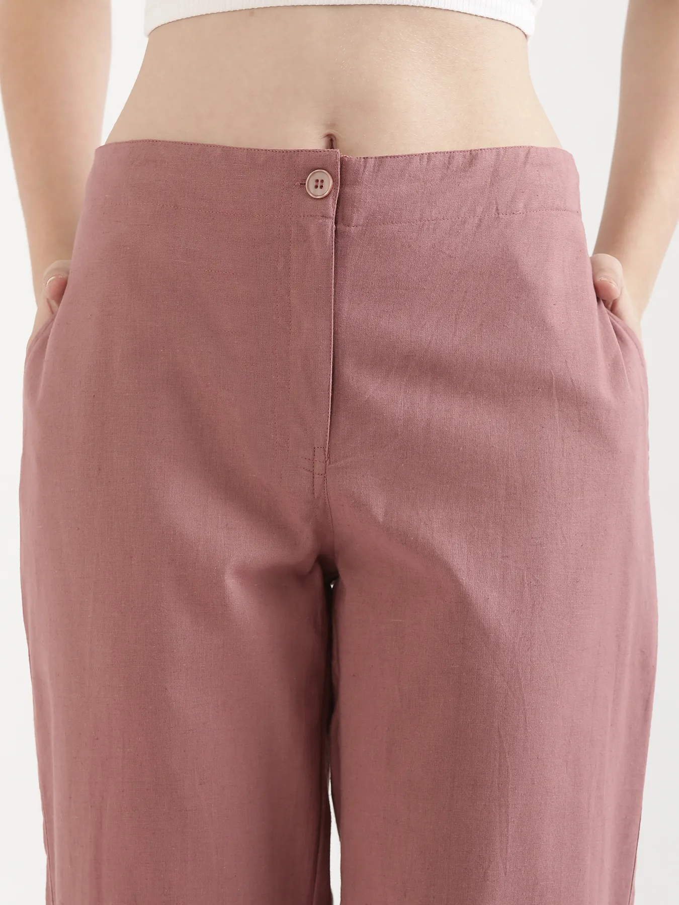 Women Rose Taupe Airy Linen Straight Pants - Image 9