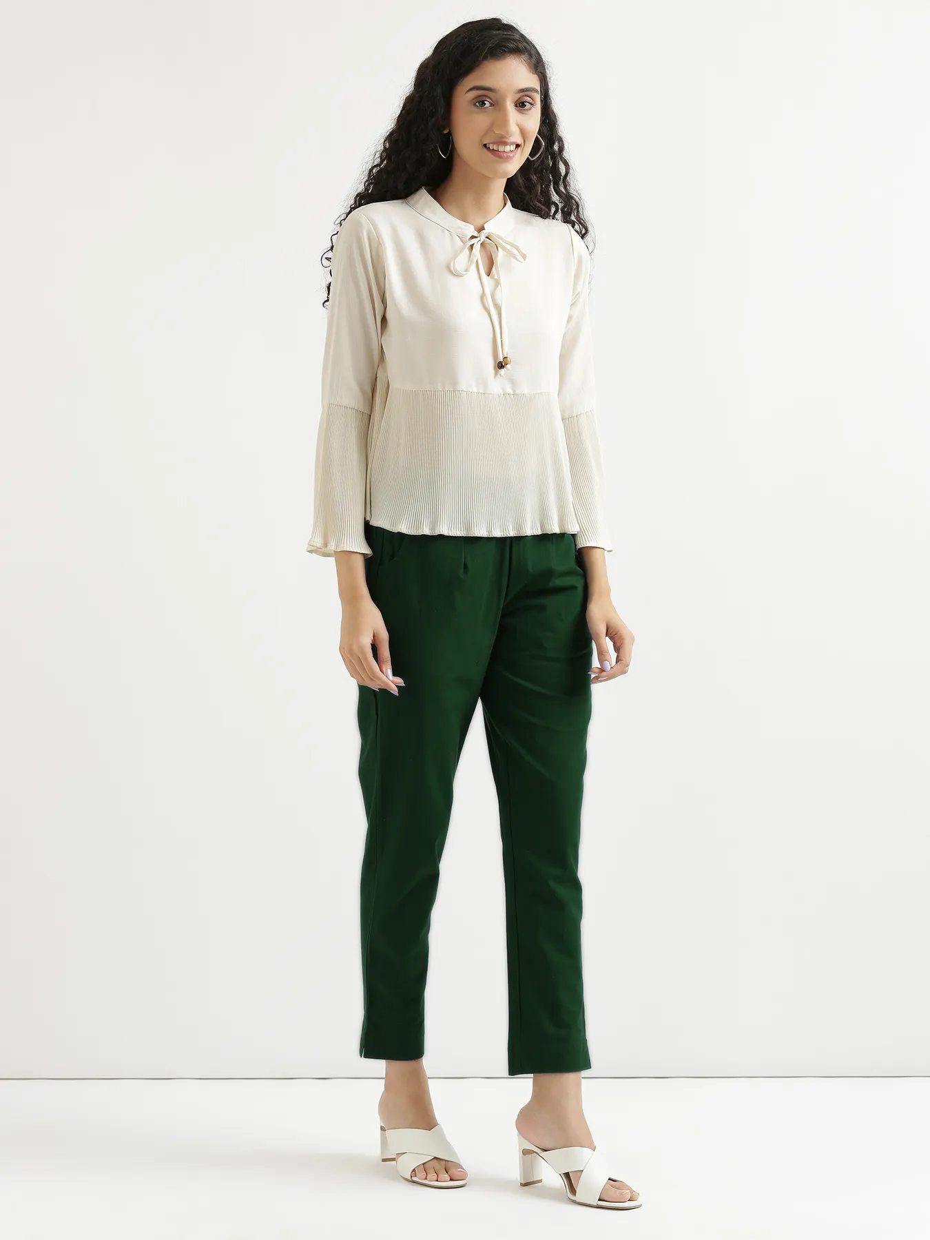 Women Sage Green Cotton Pant - Image 3