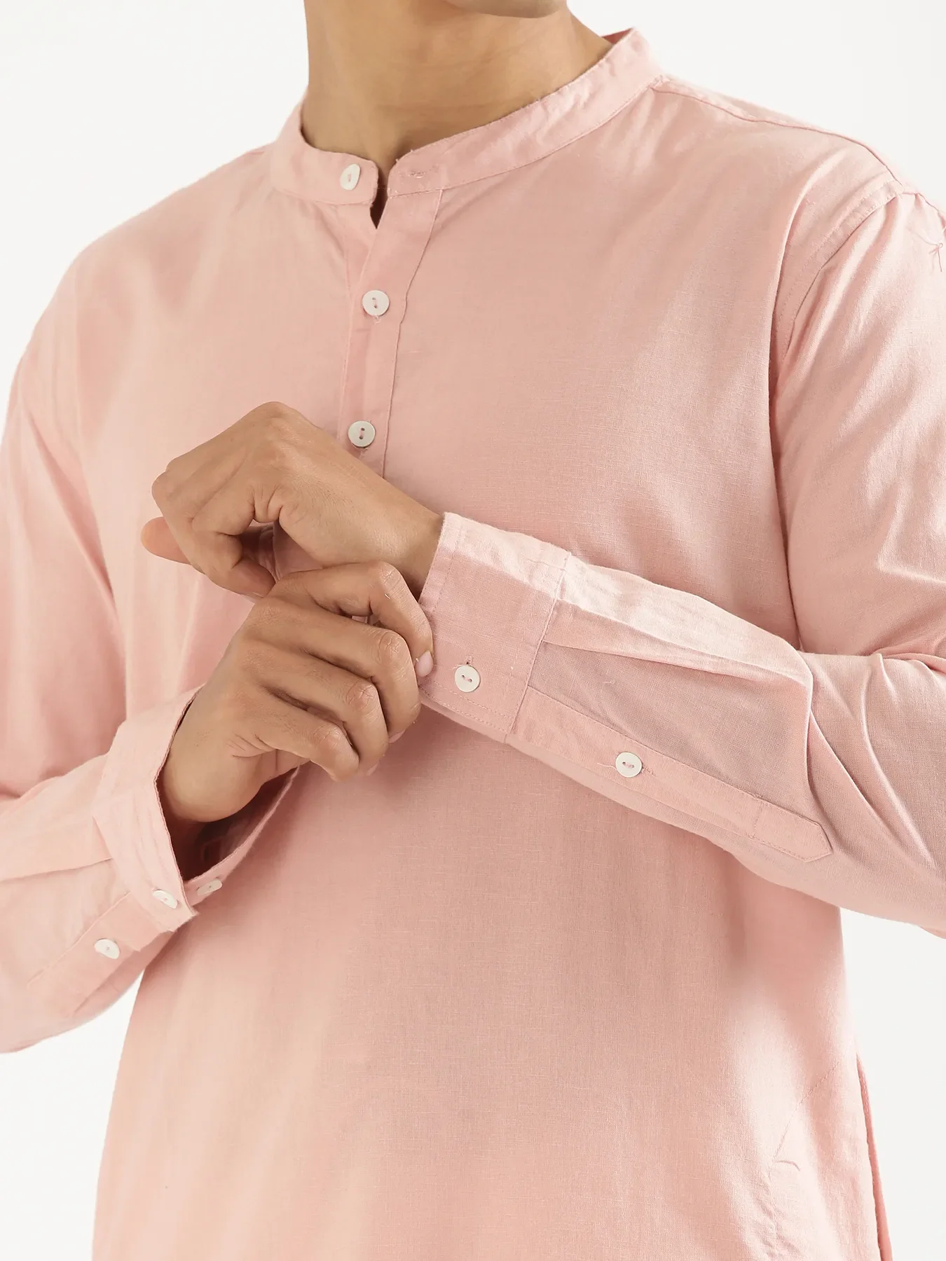 Men Salmon Pink Airy Linen Long Kurta - Image 11