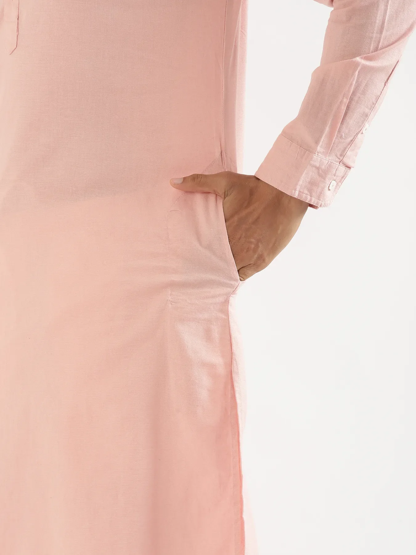 Men Salmon Pink Airy Linen Long Kurta - Image 12