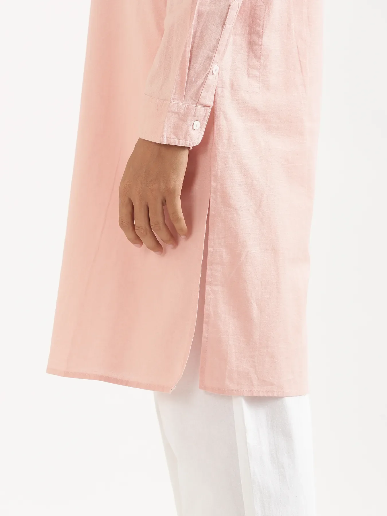 Men Salmon Pink Airy Linen Long Kurta - Image 13