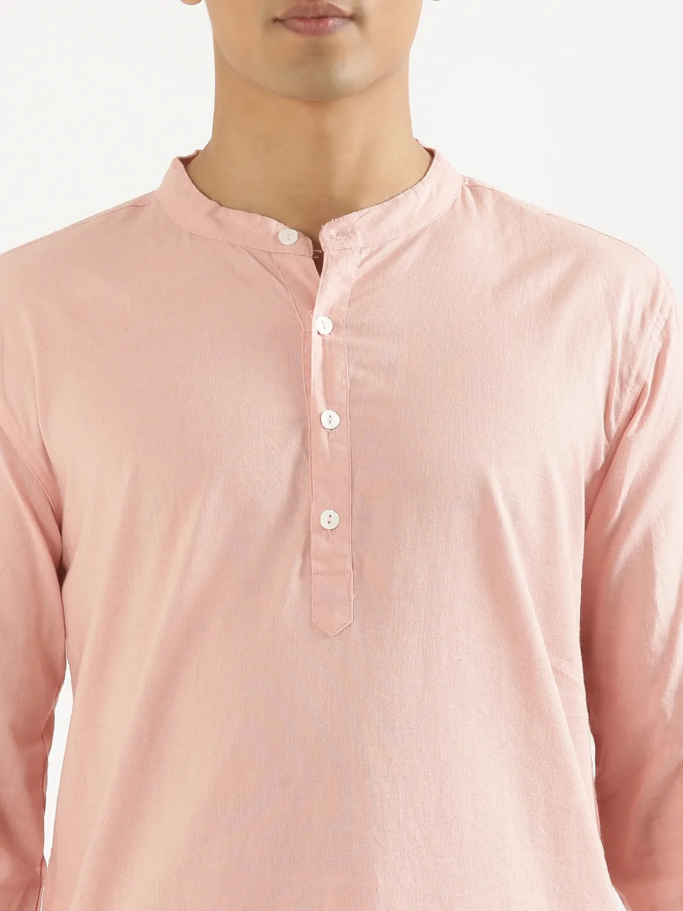 Men Salmon Pink Airy Linen Long Kurta - Image 6