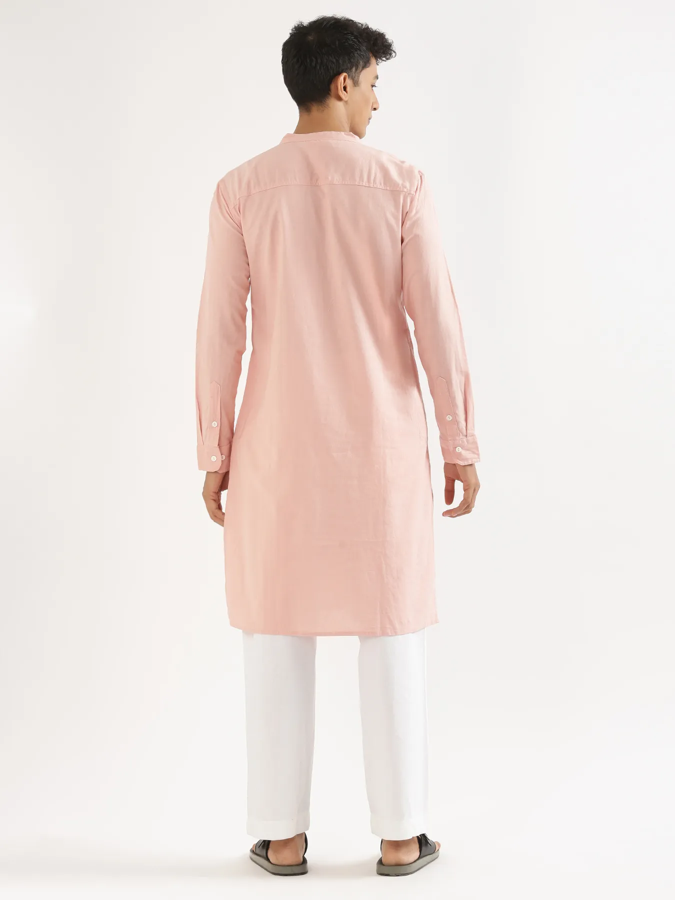 Men Salmon Pink Airy Linen Long Kurta - Image 9