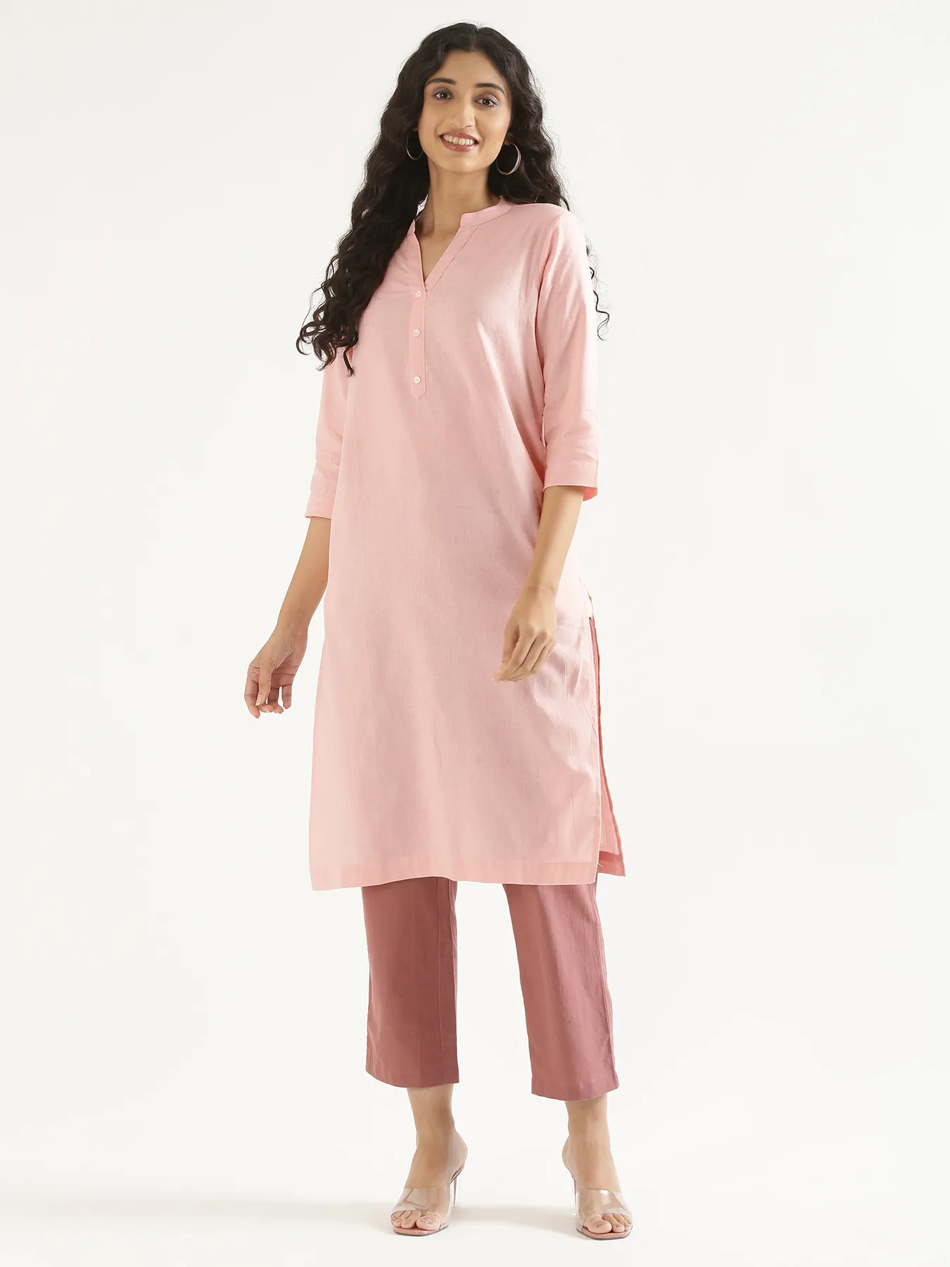 Women Salmon Pink Airy Linen Long Kurta - Image 12