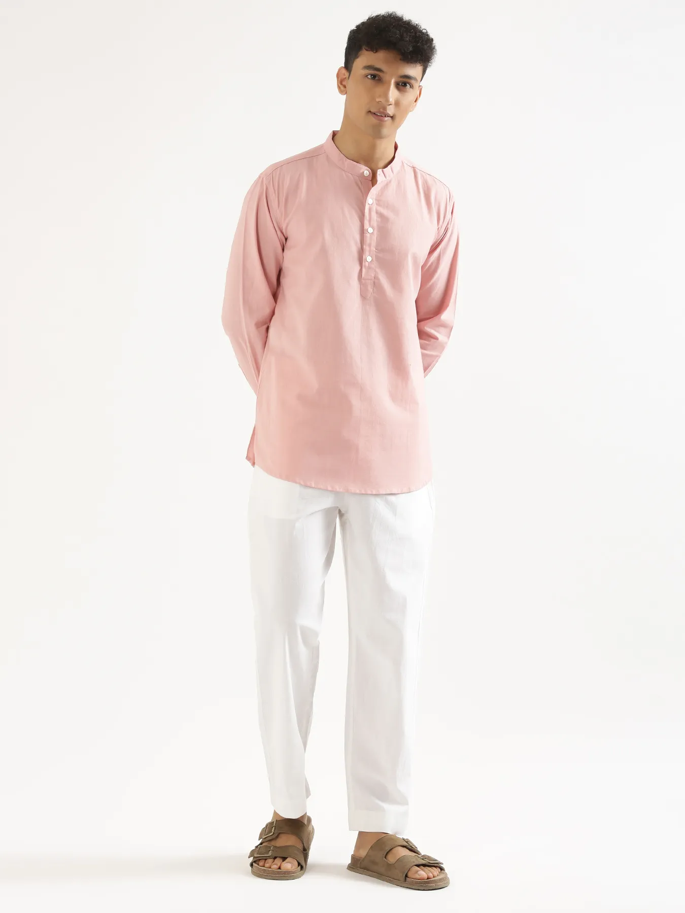 Men Salmon Pink Airy Linen Short Kurta - Image 3