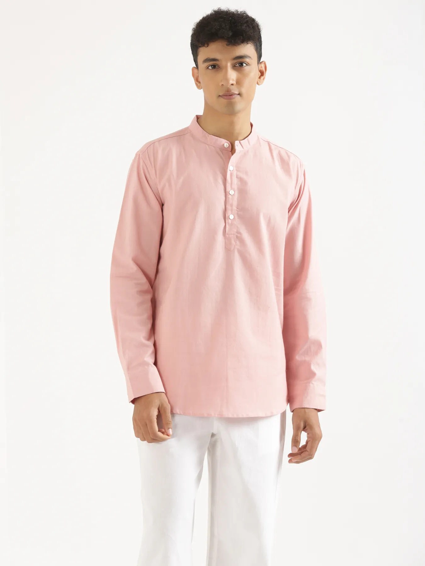 Men Salmon Pink Airy Linen Short Kurta - Image 4