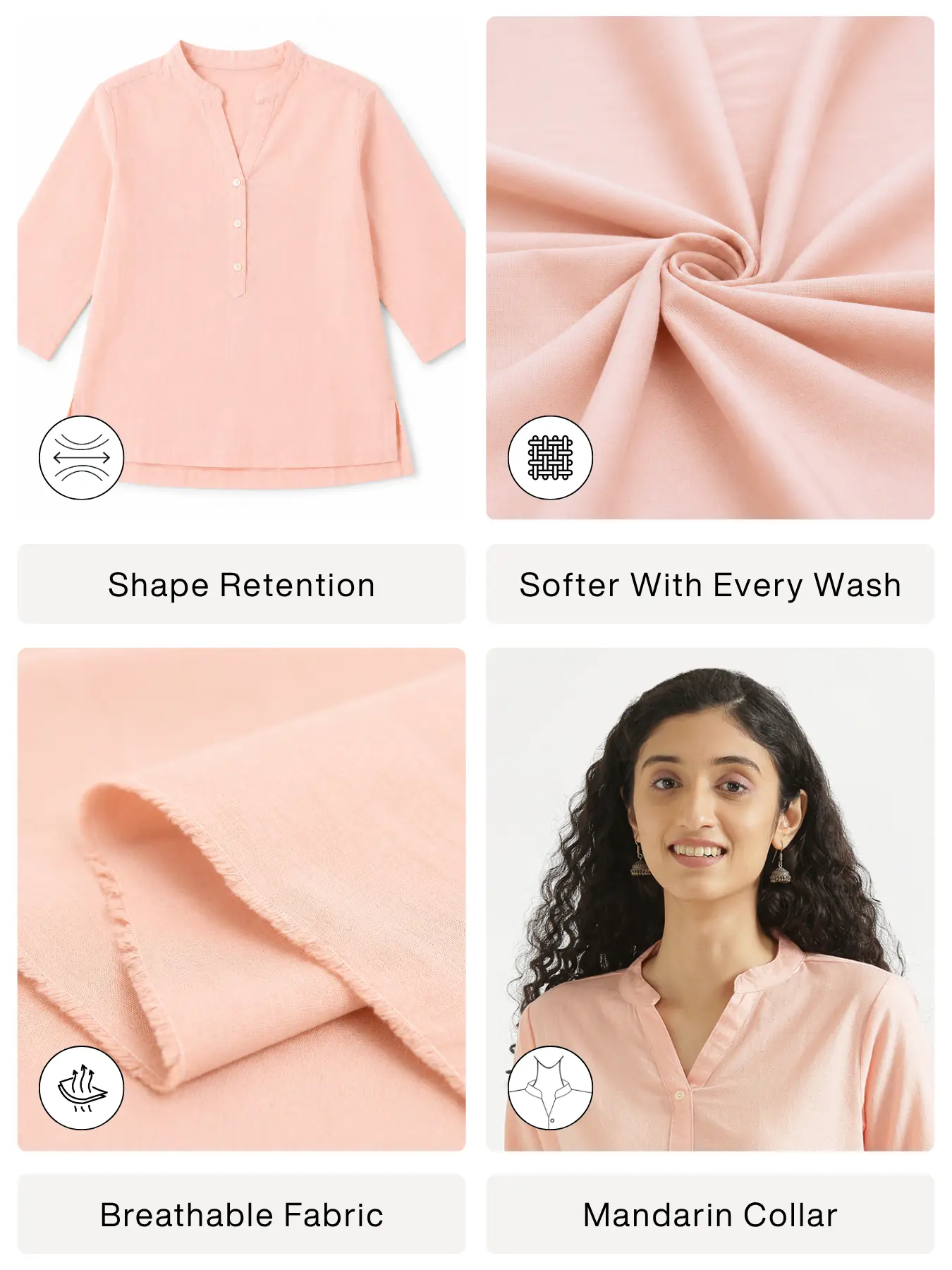Women Salmon Pink Airy Linen Short Kurta - Image 2