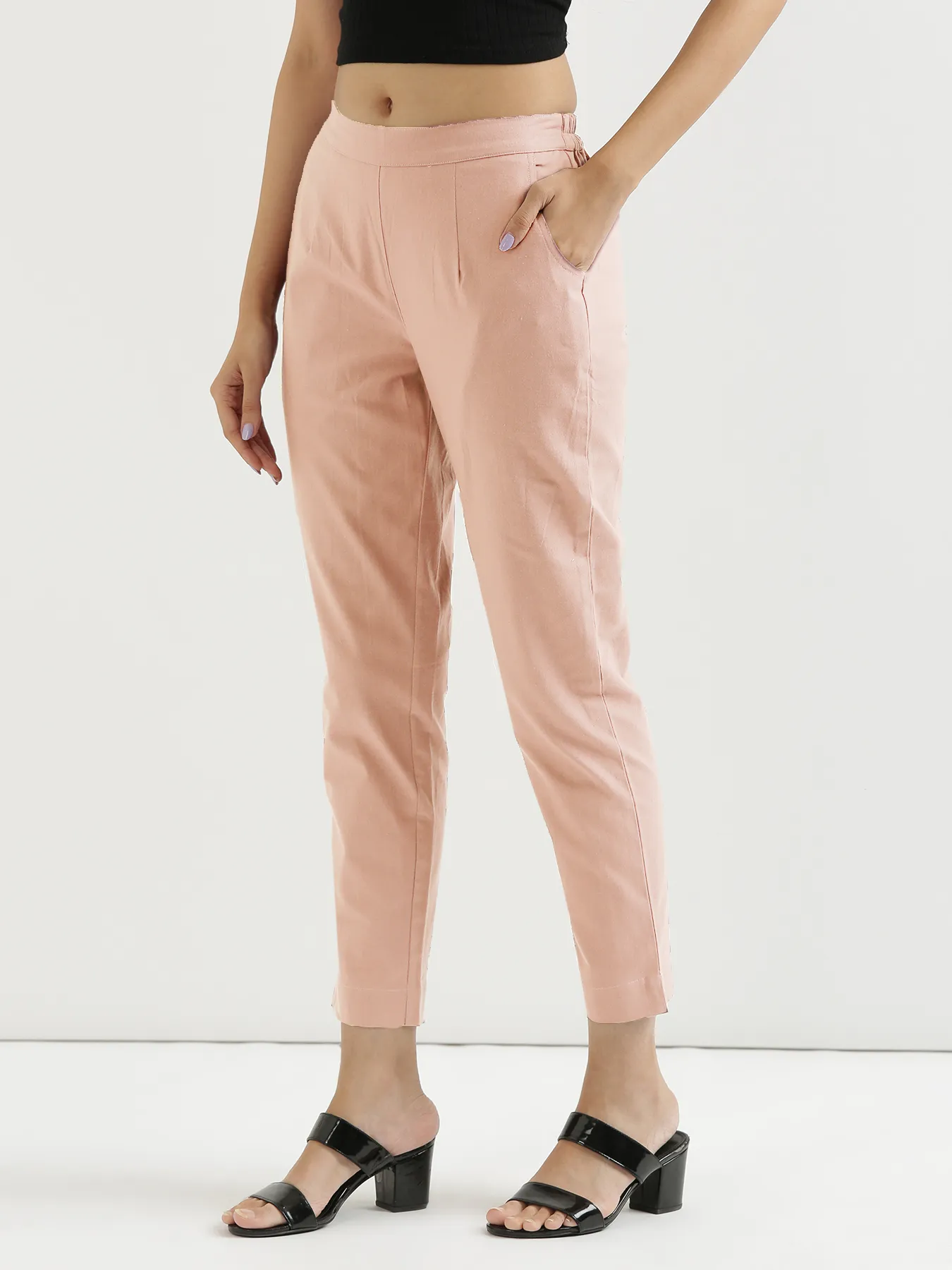 Women Salmon Pink Cotton Pant - Image 9