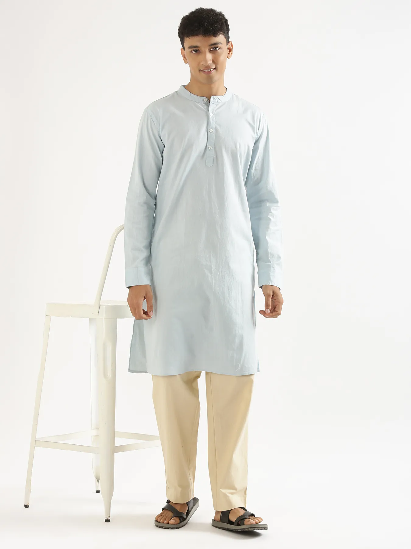 Men Sky Blue Airy Linen Long Kurta - Image 10