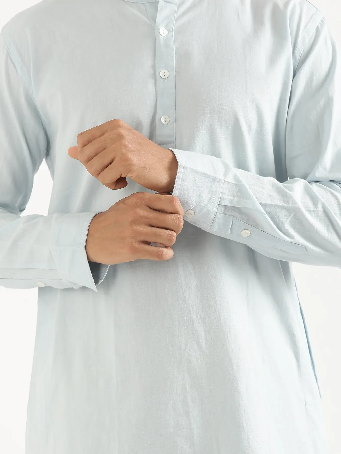 Men Sky Blue Airy Linen Long Kurta - Image 11