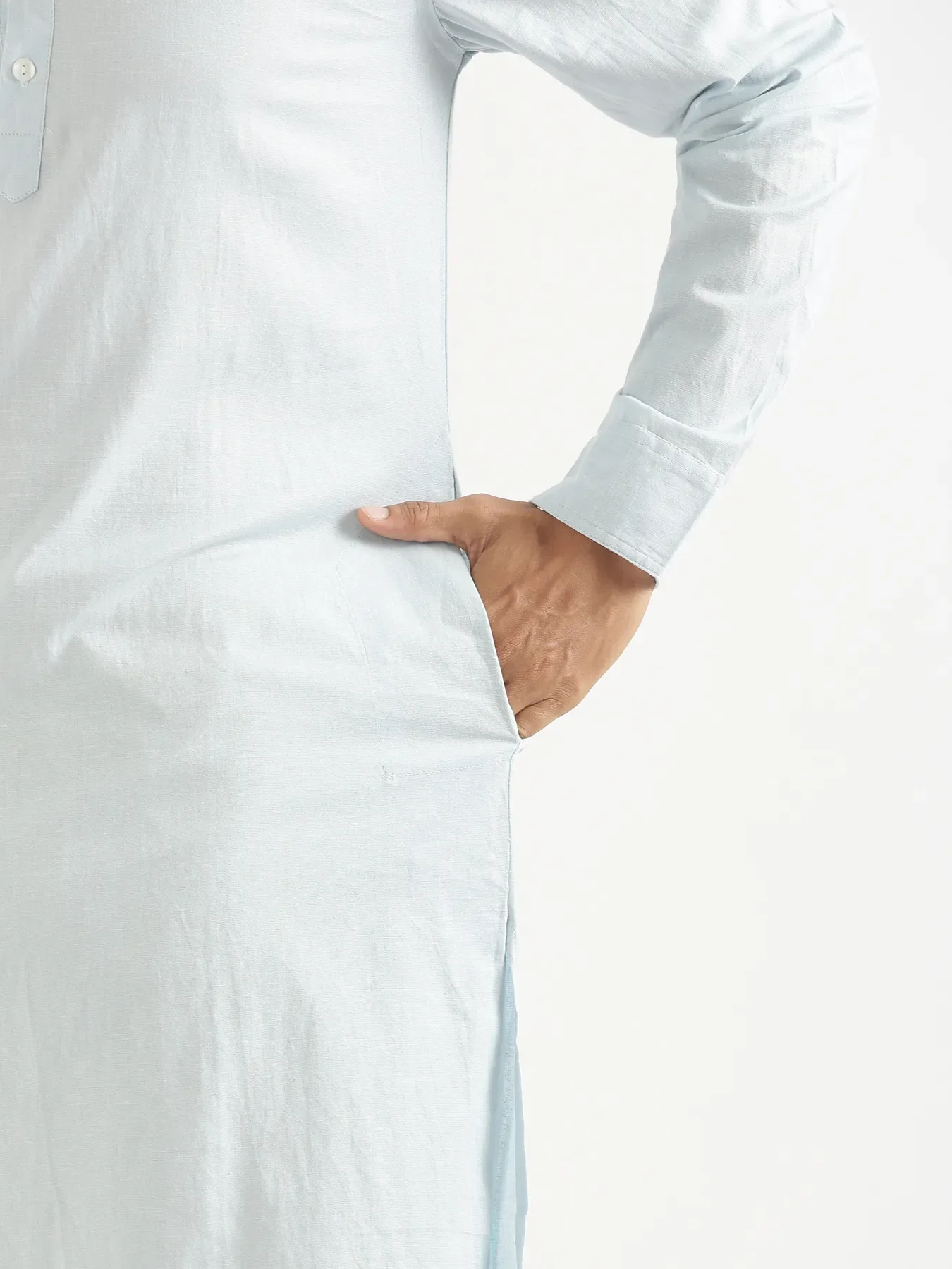Men Sky Blue Airy Linen Long Kurta - Image 12