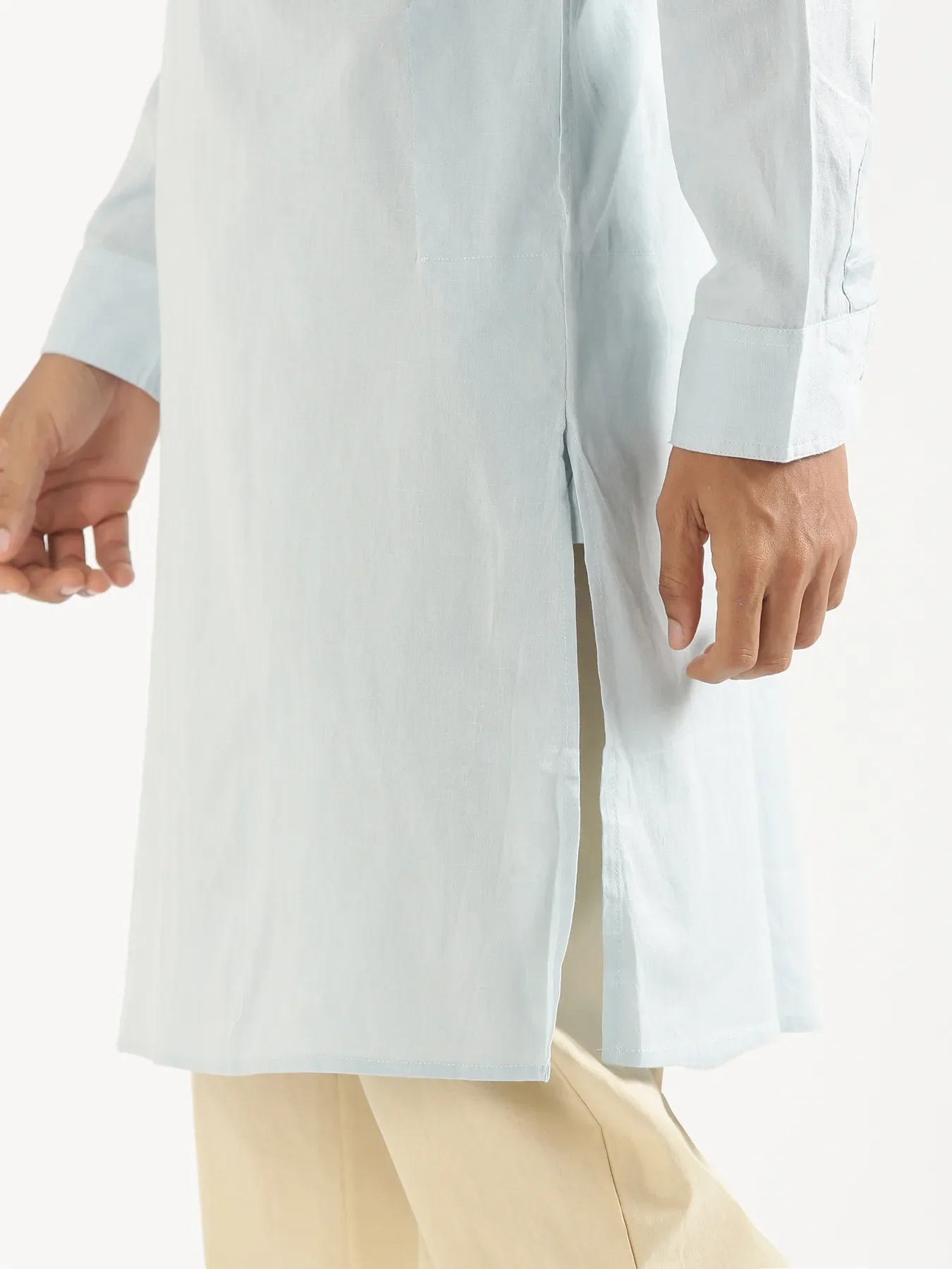 Men Sky Blue Airy Linen Long Kurta - Image 13