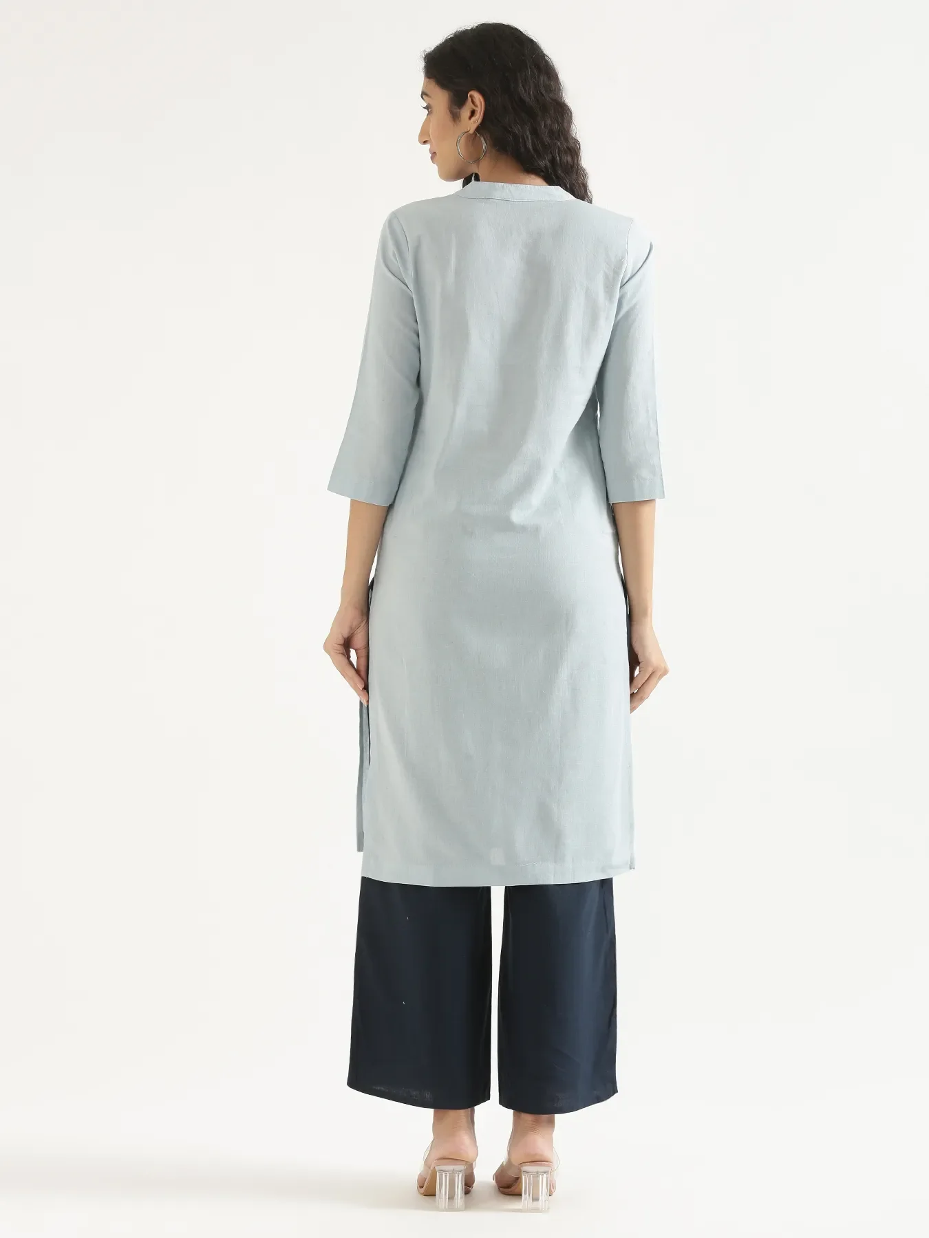 Women Sky Blue Airy Linen Long Kurta - Image 11
