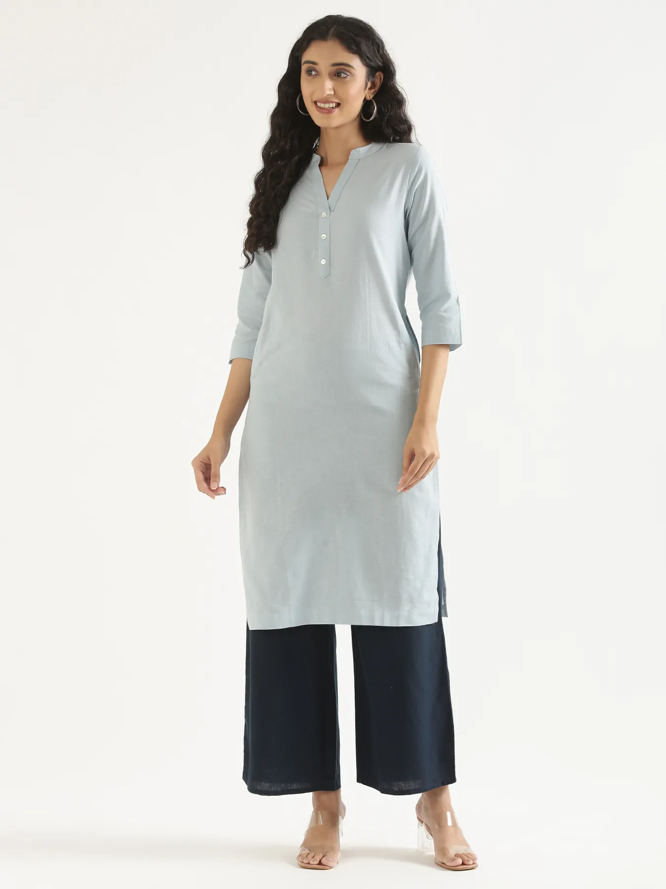 Women Sky Blue Airy Linen Long Kurta - Image 12