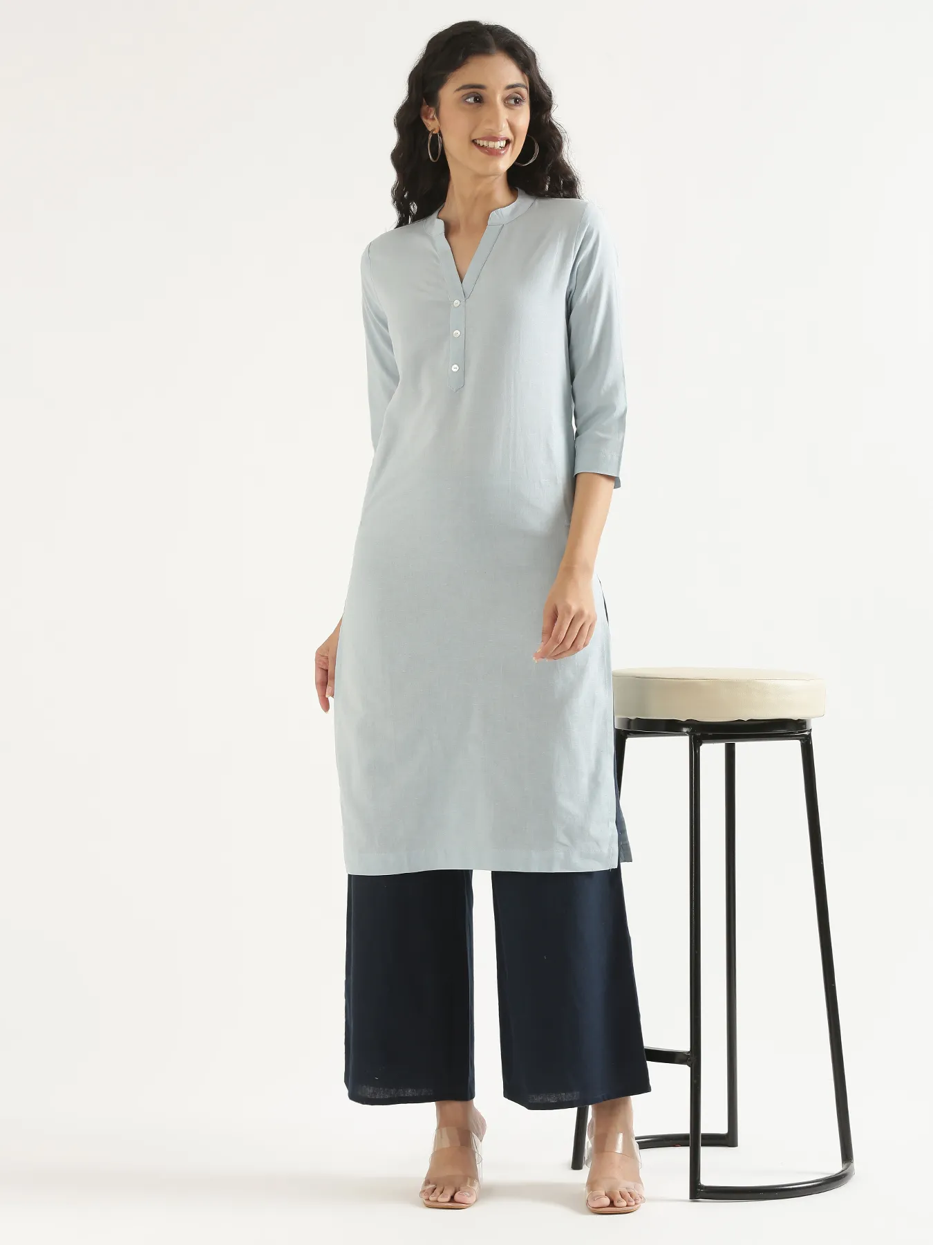 Women Sky Blue Airy Linen Long Kurta - Image 13