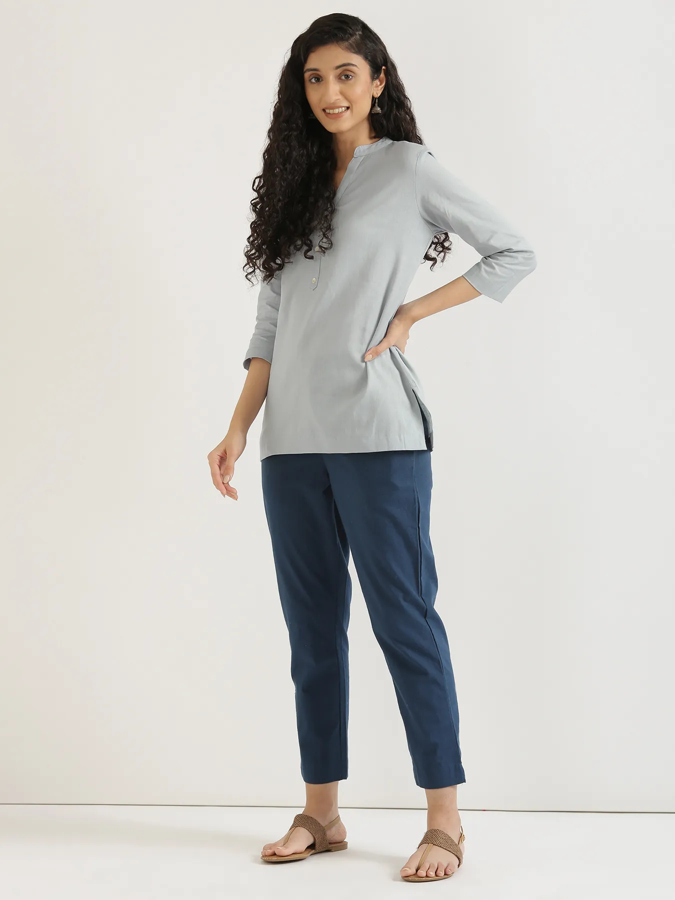Women Sky Blue Airy Linen Short Kurta - Image 11