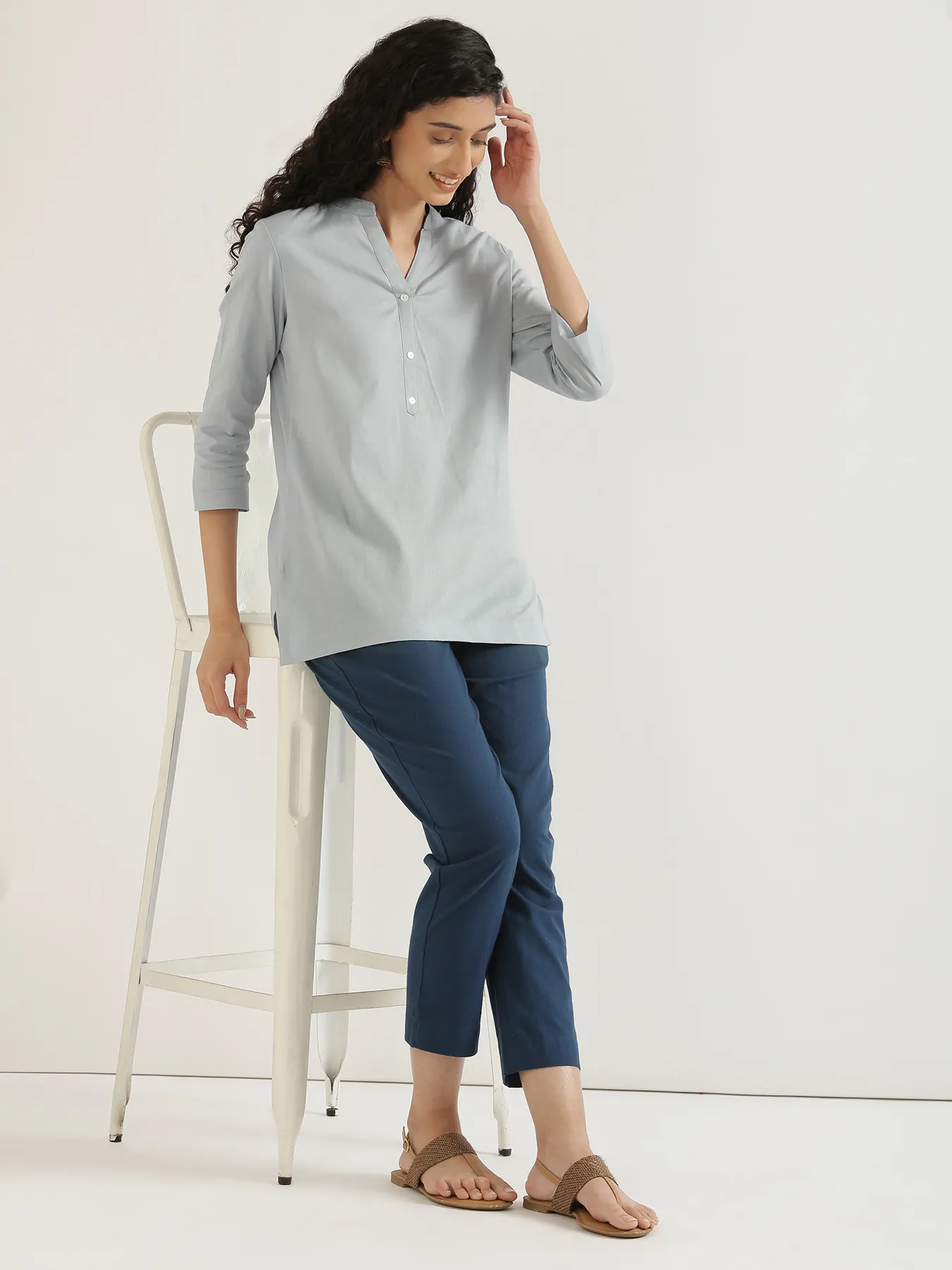 Women Sky Blue Airy Linen Short Kurta - Image 12