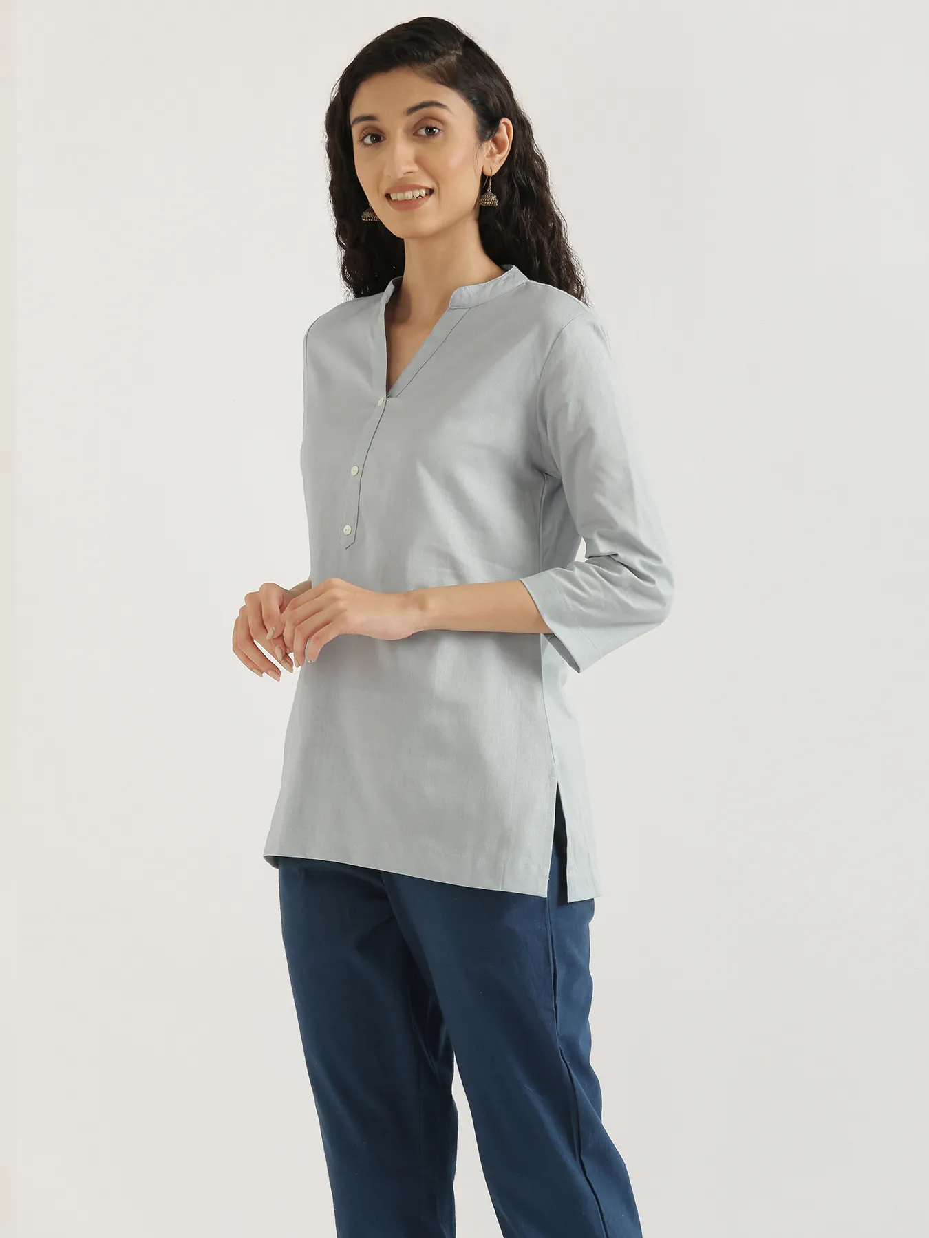 Women Sky Blue Airy Linen Short Kurta - Image 7
