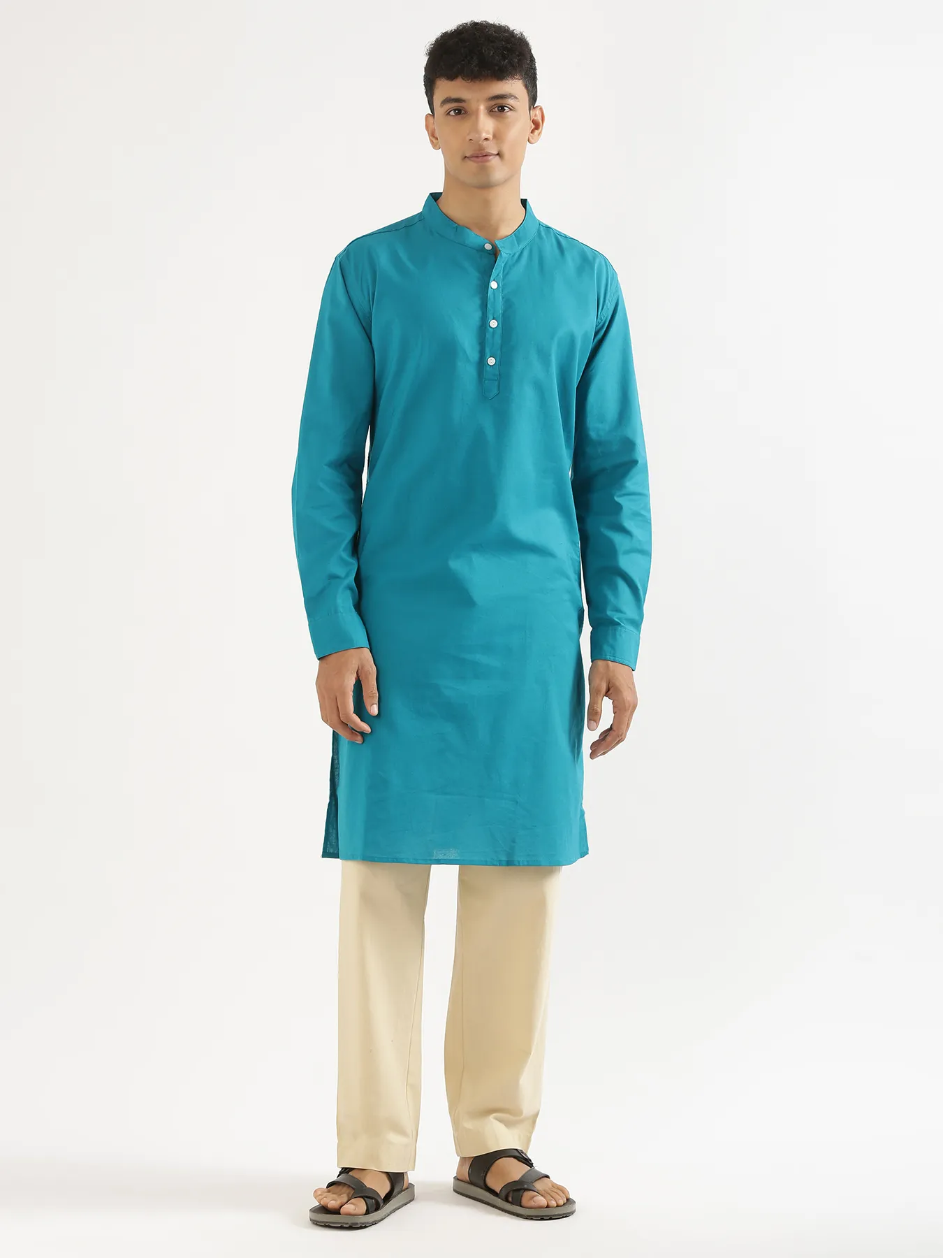 Men Teal Airy Linen Long Kurta - Image 3