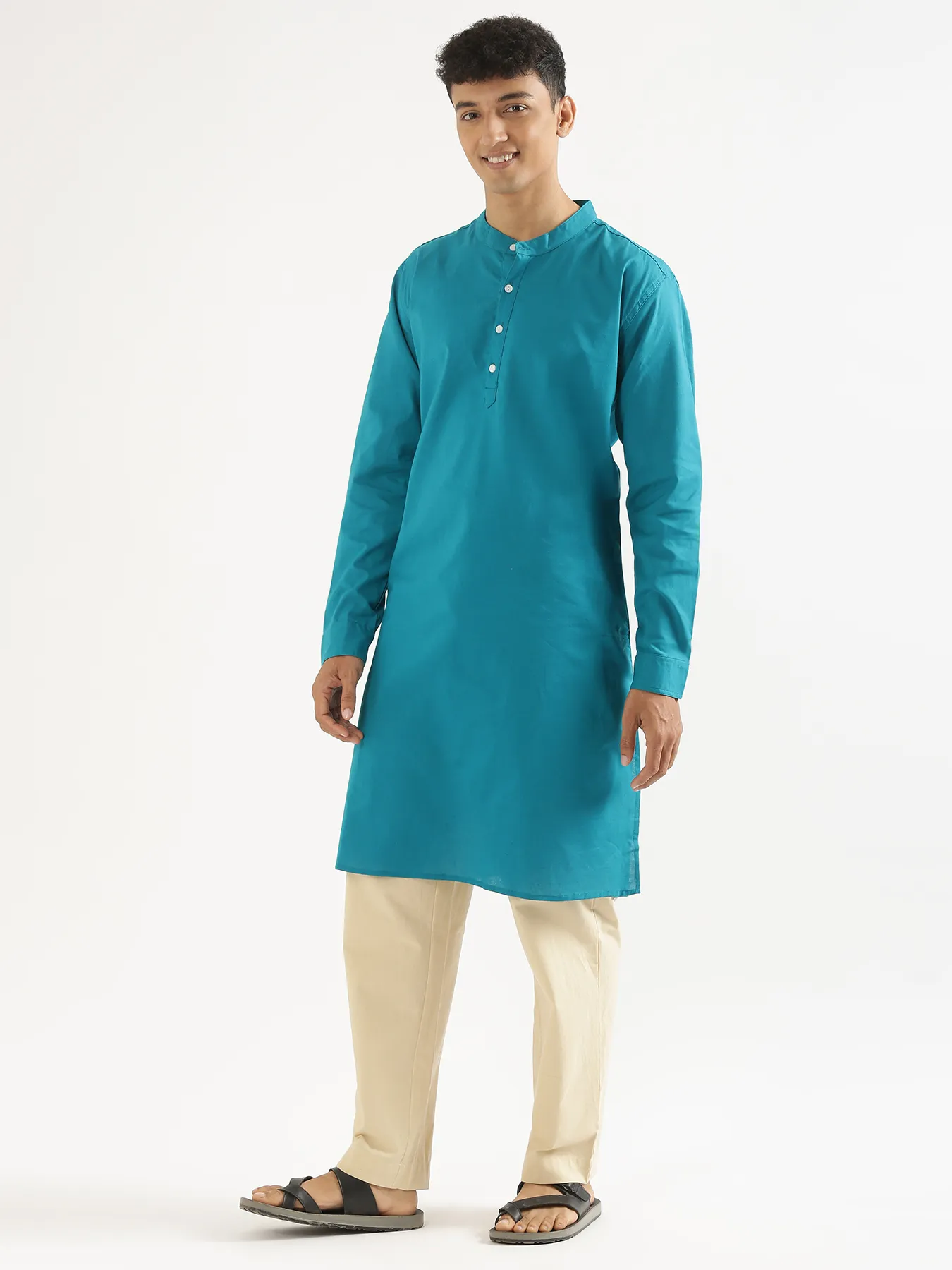 Men Teal Airy Linen Long Kurta - Image 4