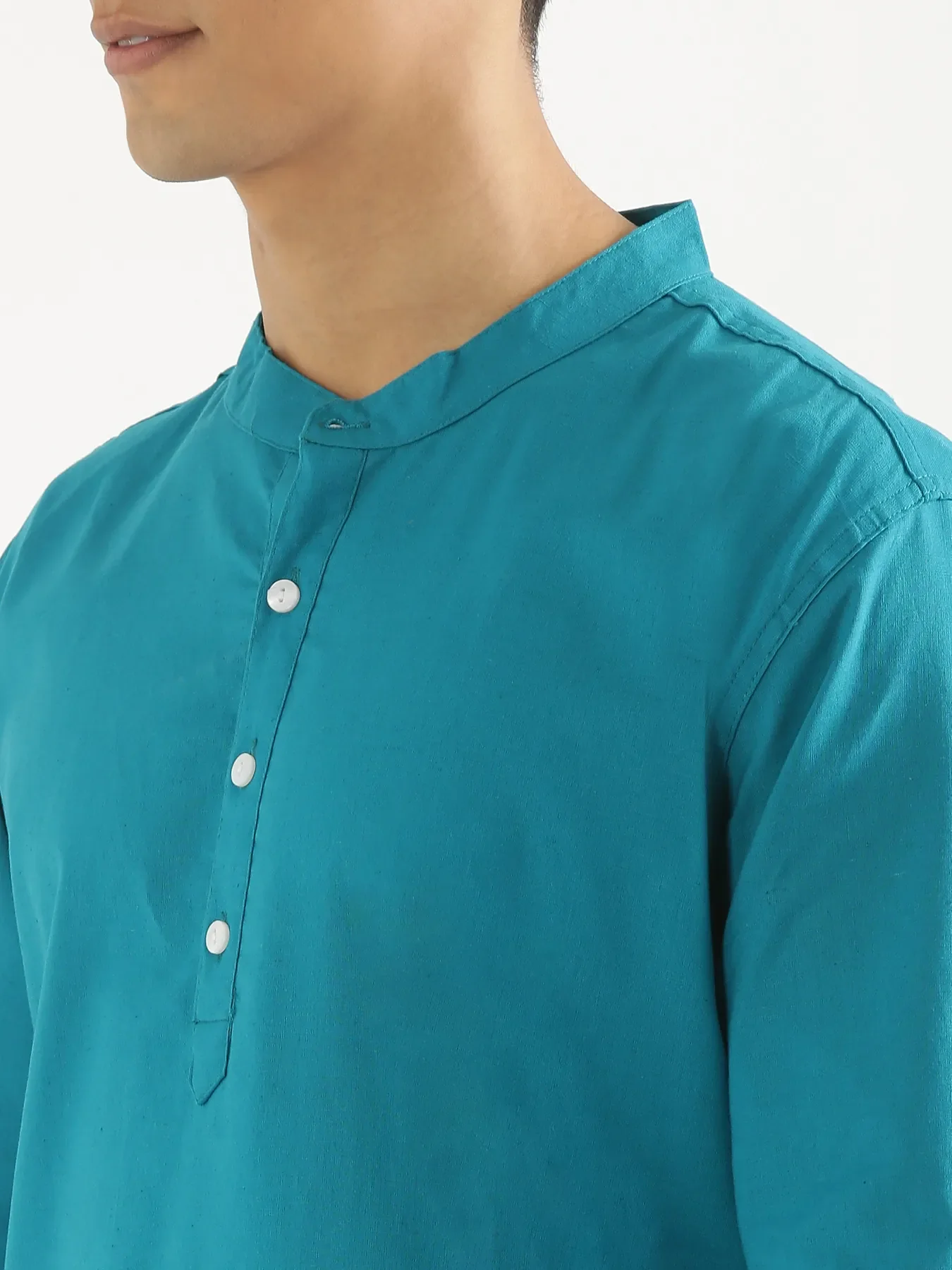 Men Teal Airy Linen Long Kurta - Image 7