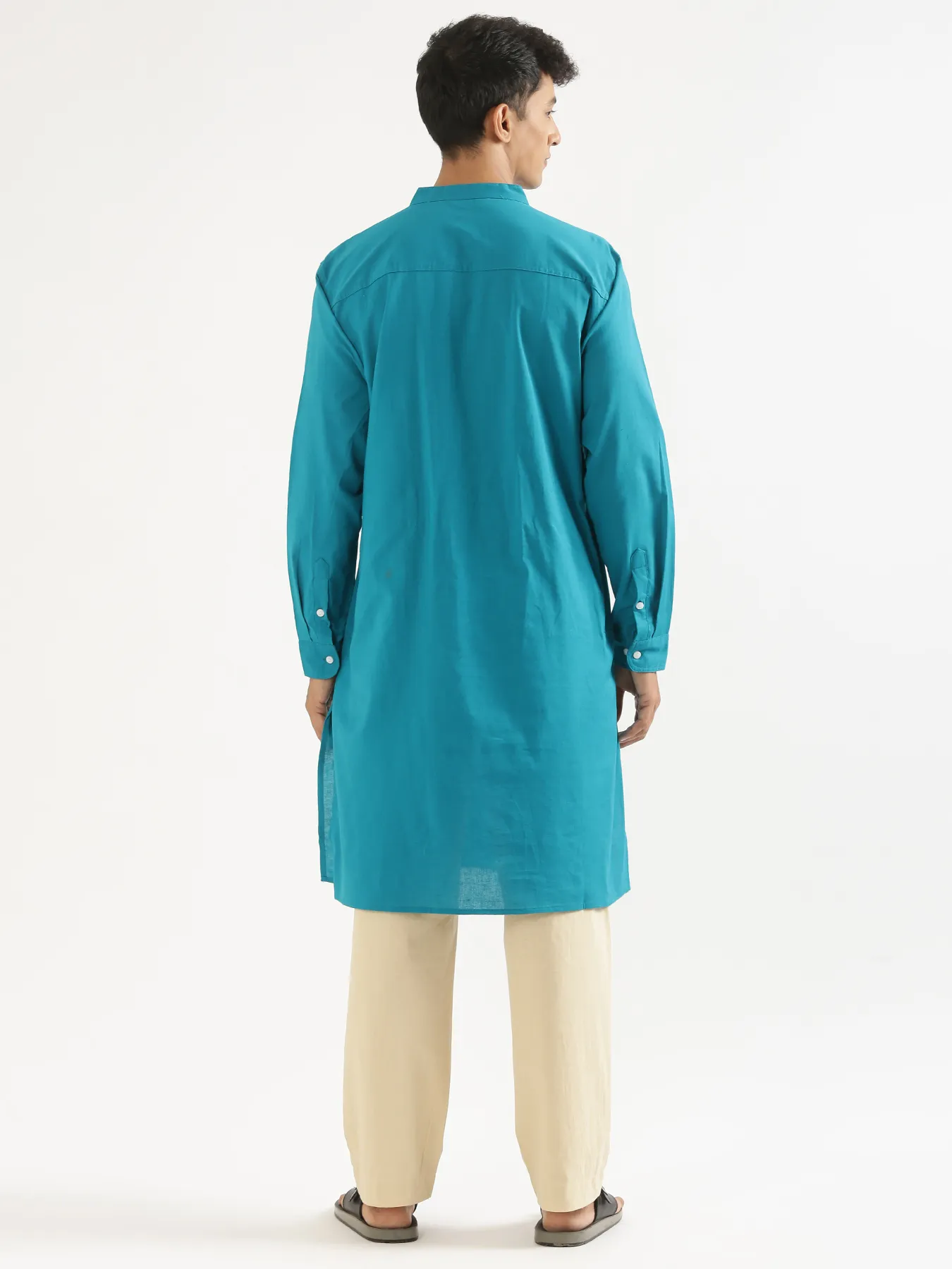 Men Teal Airy Linen Long Kurta - Image 8