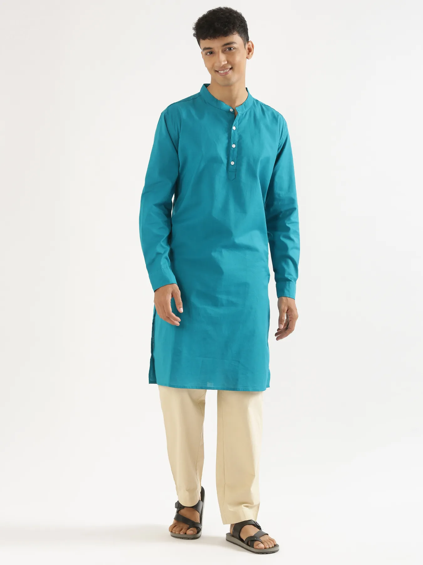 Men Teal Airy Linen Long Kurta - Image 9